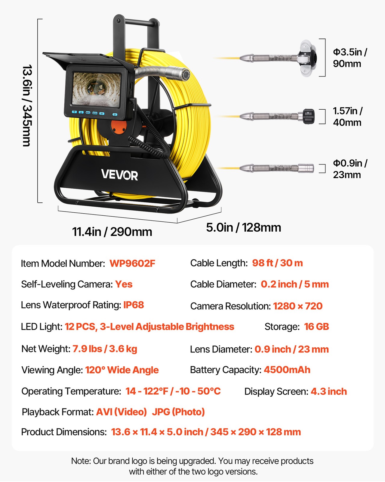 VEVOR Sewer Camera 98 ft Self-Leveling Drain Inspection Camera 4.3″ HD Screen