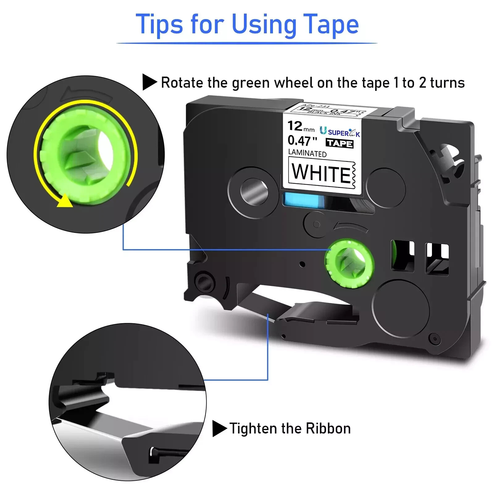12mm 0.47″ Black on White Label Tape Fits Brother P-Touch PT-H110 TZ231 TZe231