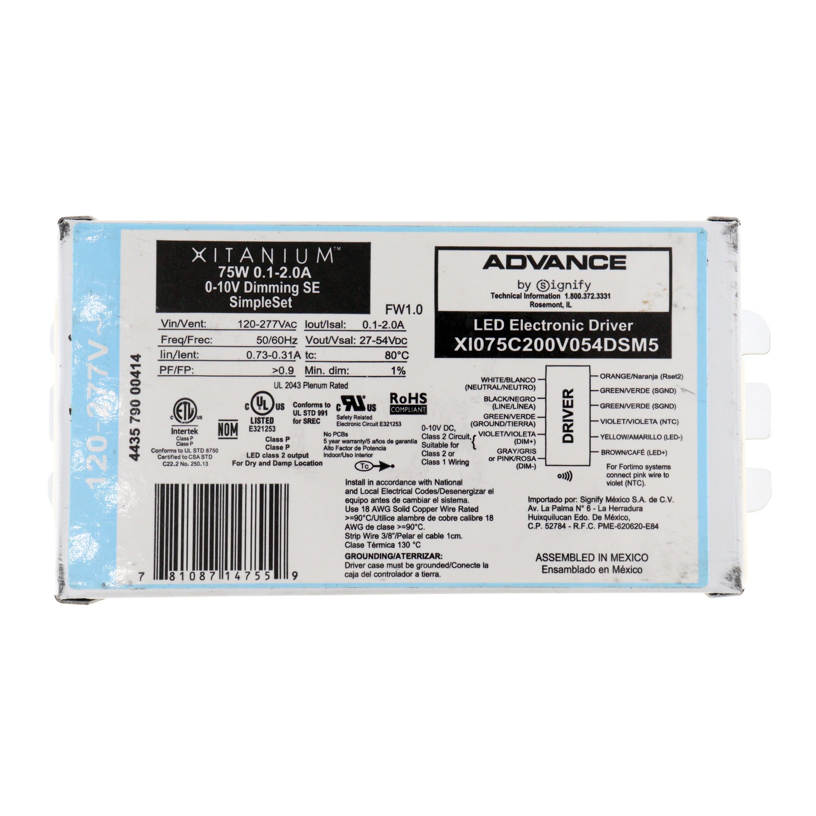 ADVANCE XI075C200V054DSM5 DIMMING LED DRIVER, 27-54V, 100-2000MA, 75W, 120-277V