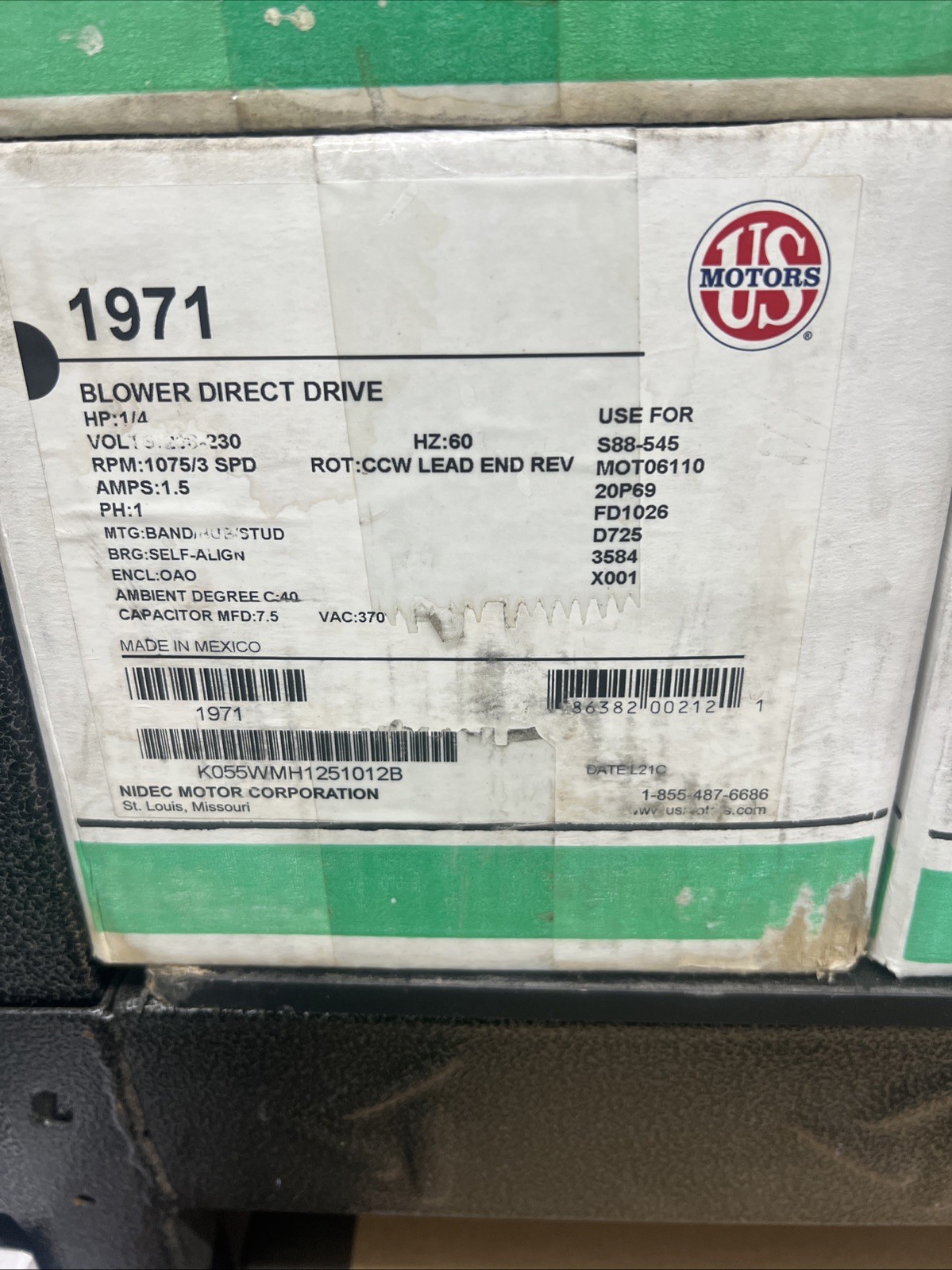 U.S. Motors – 1971 – 1/4 HP, 1075 RPM, 3 Speed, 208-230V, Drive Fan and Blower M