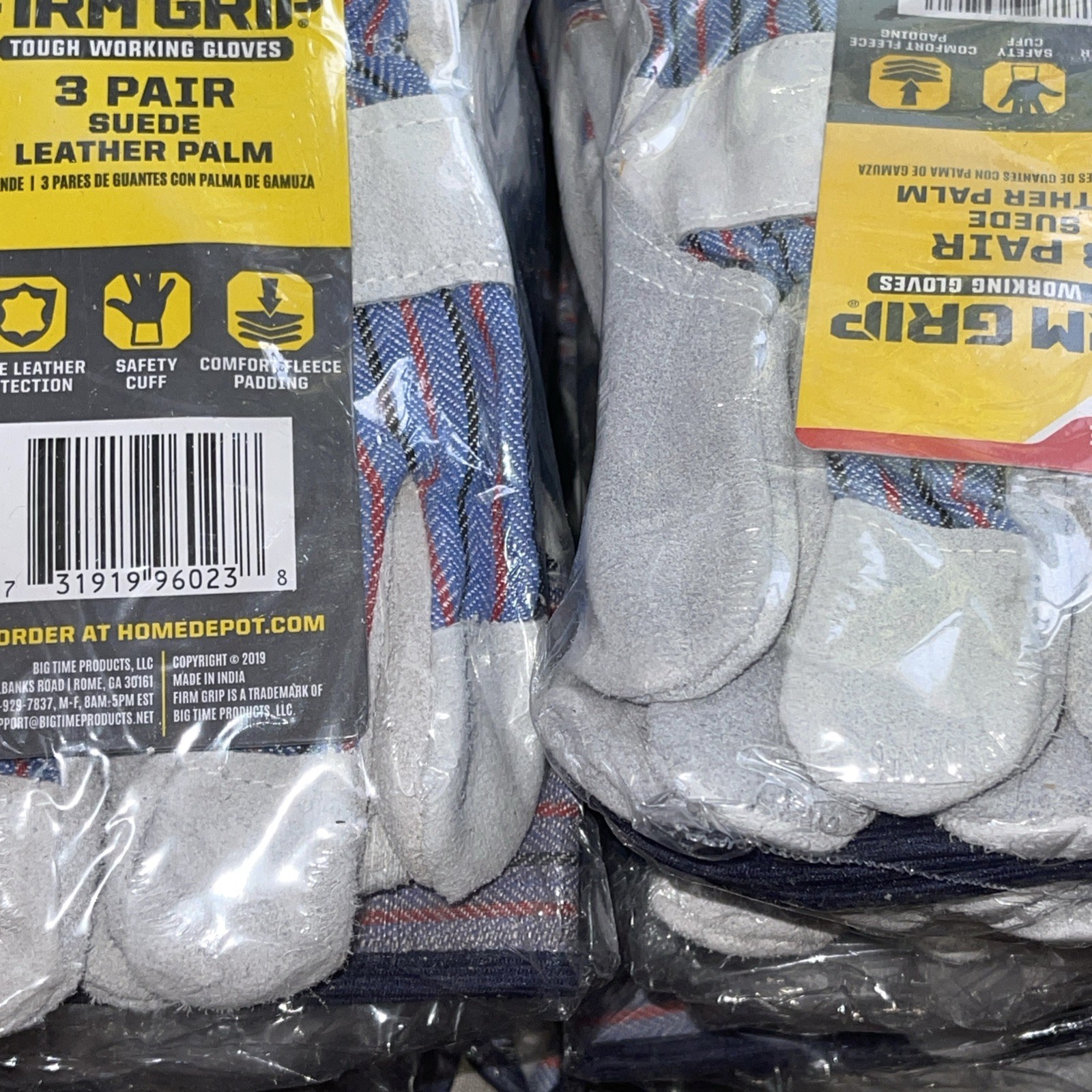 Lot Of 12 – Firm Grip Leather-Palm Size: Large Gloves – 3 Pairs Per Pack All New
