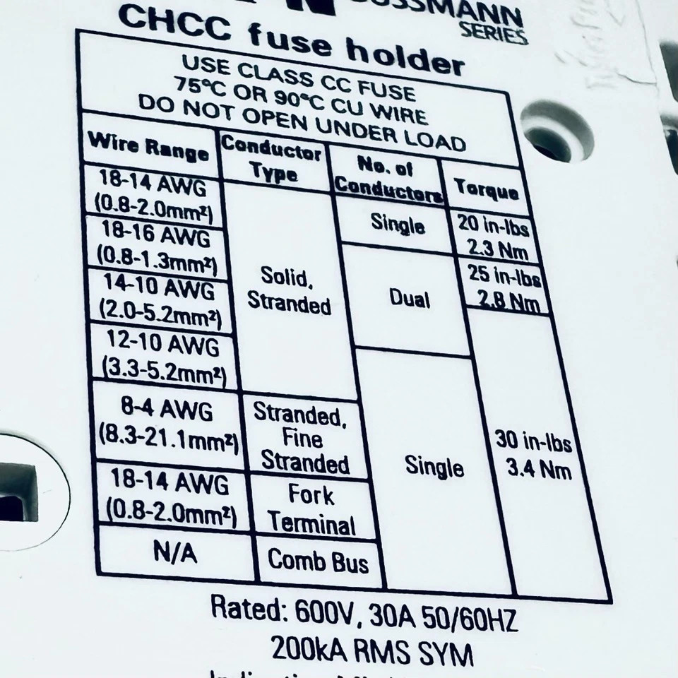 FOR BUSSMANN CHCC3DIU Fuse Block 3 Pole ID 30A 600V