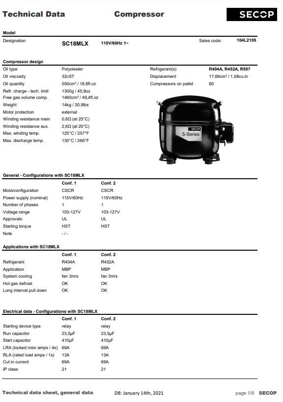 Secop SC18MLX R404a Hermetic Refrigeration Compressor 10880 BTU HBP 115V 1HP