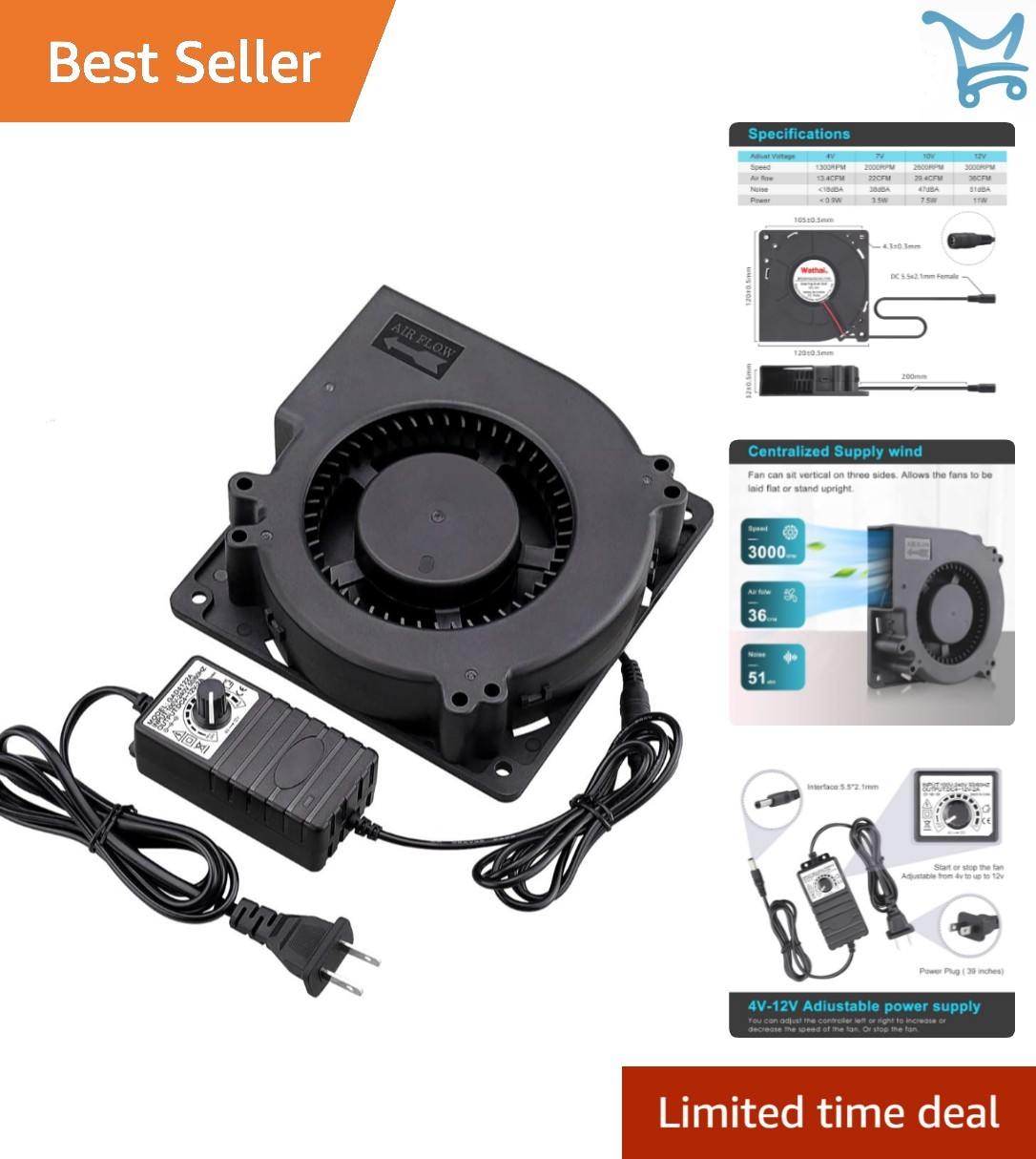 120mm x 32mm Centrifugal Blower Fan 110V/220V AC with Speed Controller