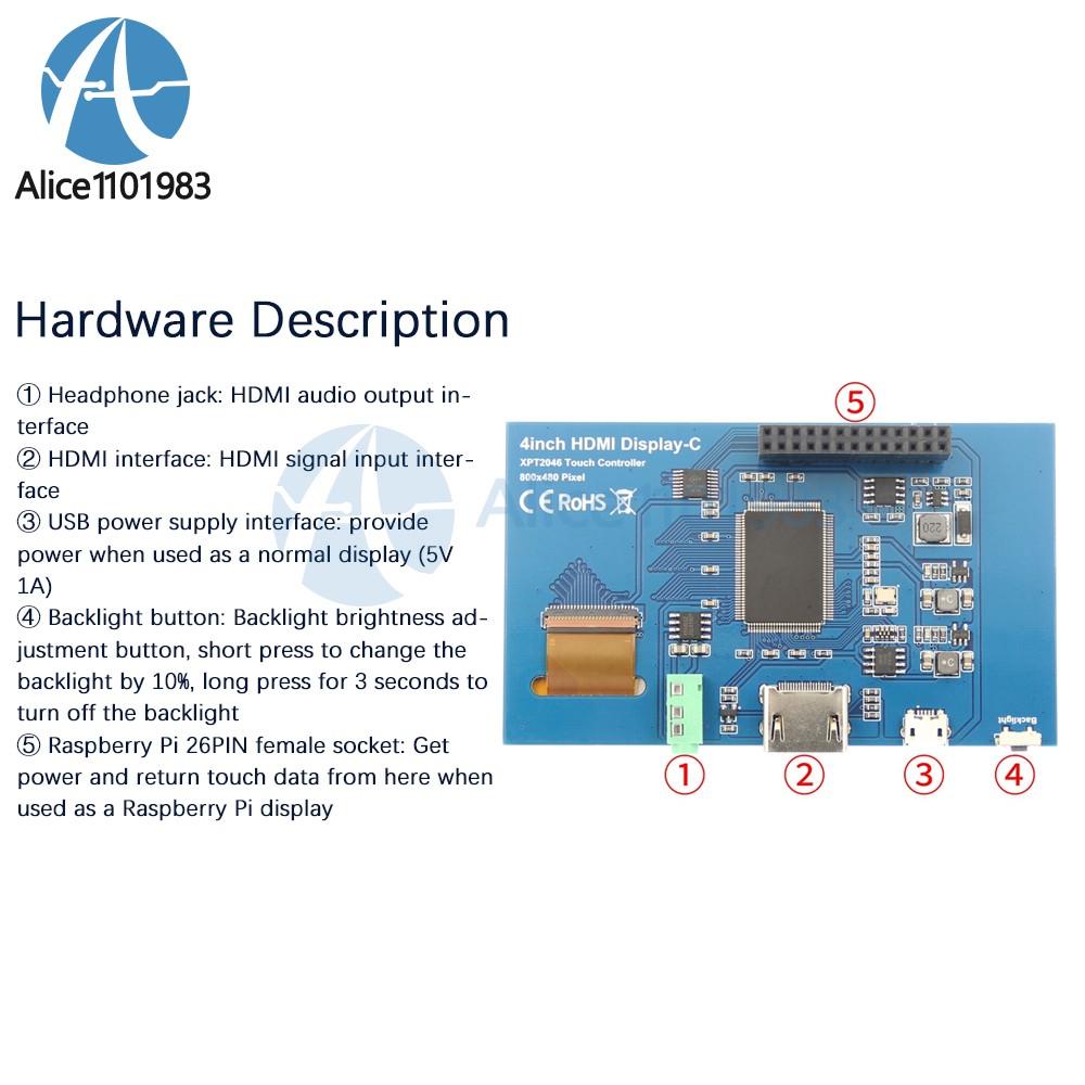 4″ LCD Touch Screen Display Module 800*480 TFT IPS for Raspberry Pi 3 4 B/B+