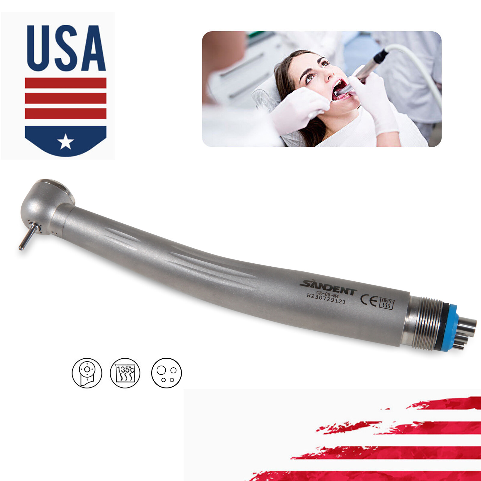 Dental High Speed Handpiece Ceramic Rotor Push Button 4 Holes Single Way Spray