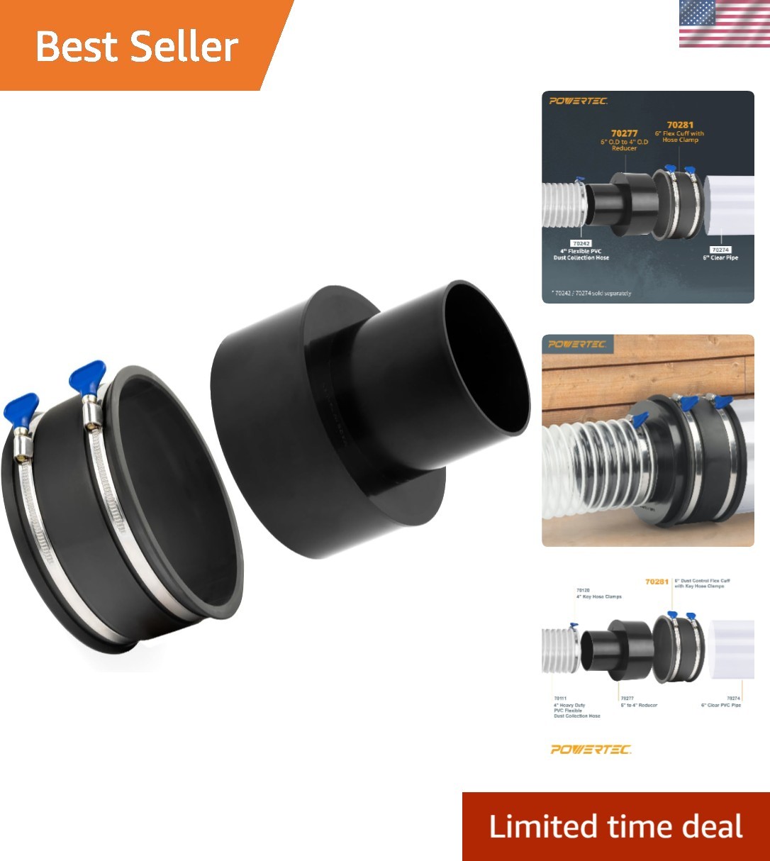 Durable 6″ OD to 4″ OD Dust Collection Reducer with Flex Cuff and Steel Clamps