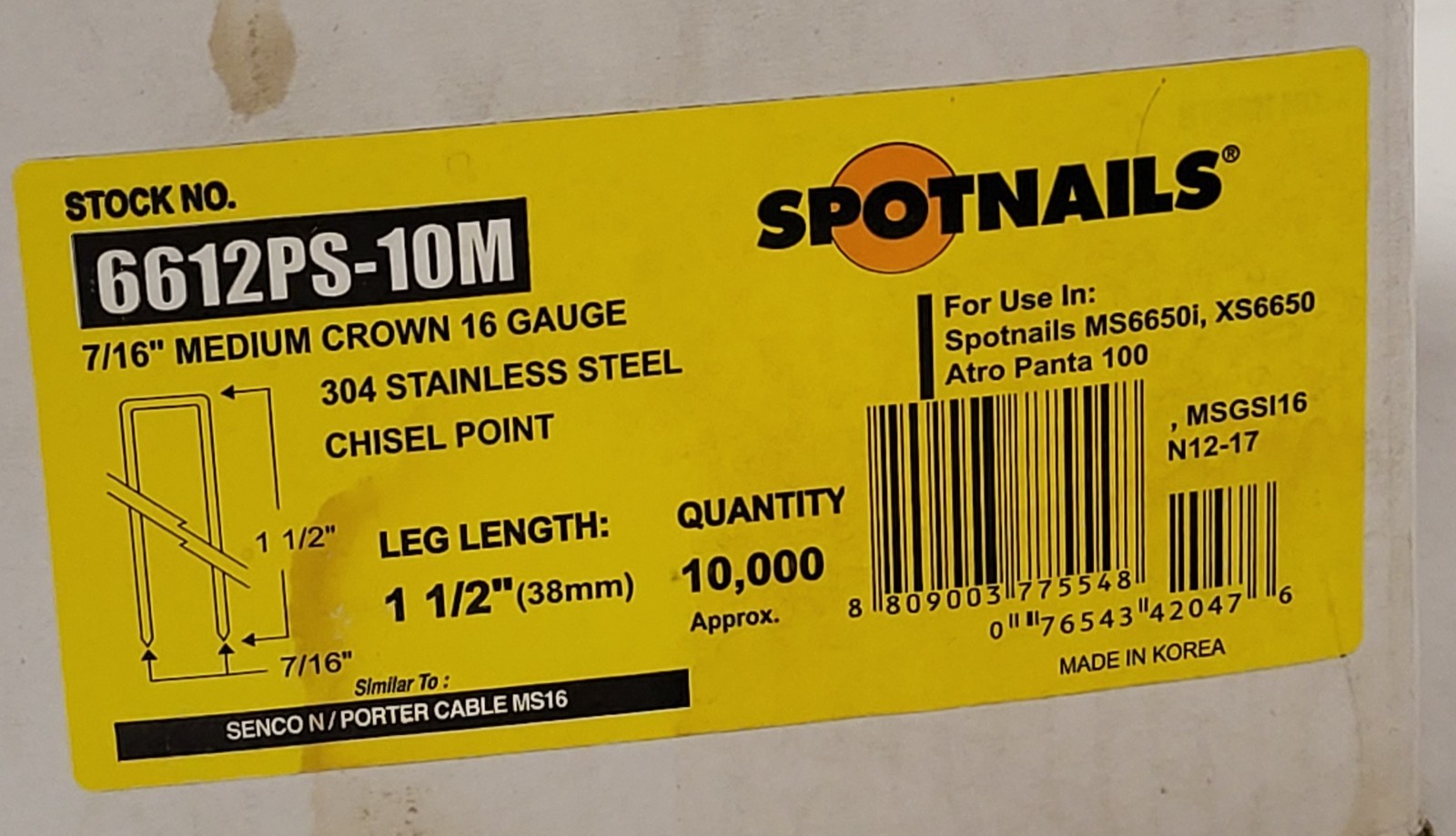 10,000 Spotnails 6612PS-10M SS 1-1/2″ 16 Gauge 7/16″ Crown Chsel Point Staples