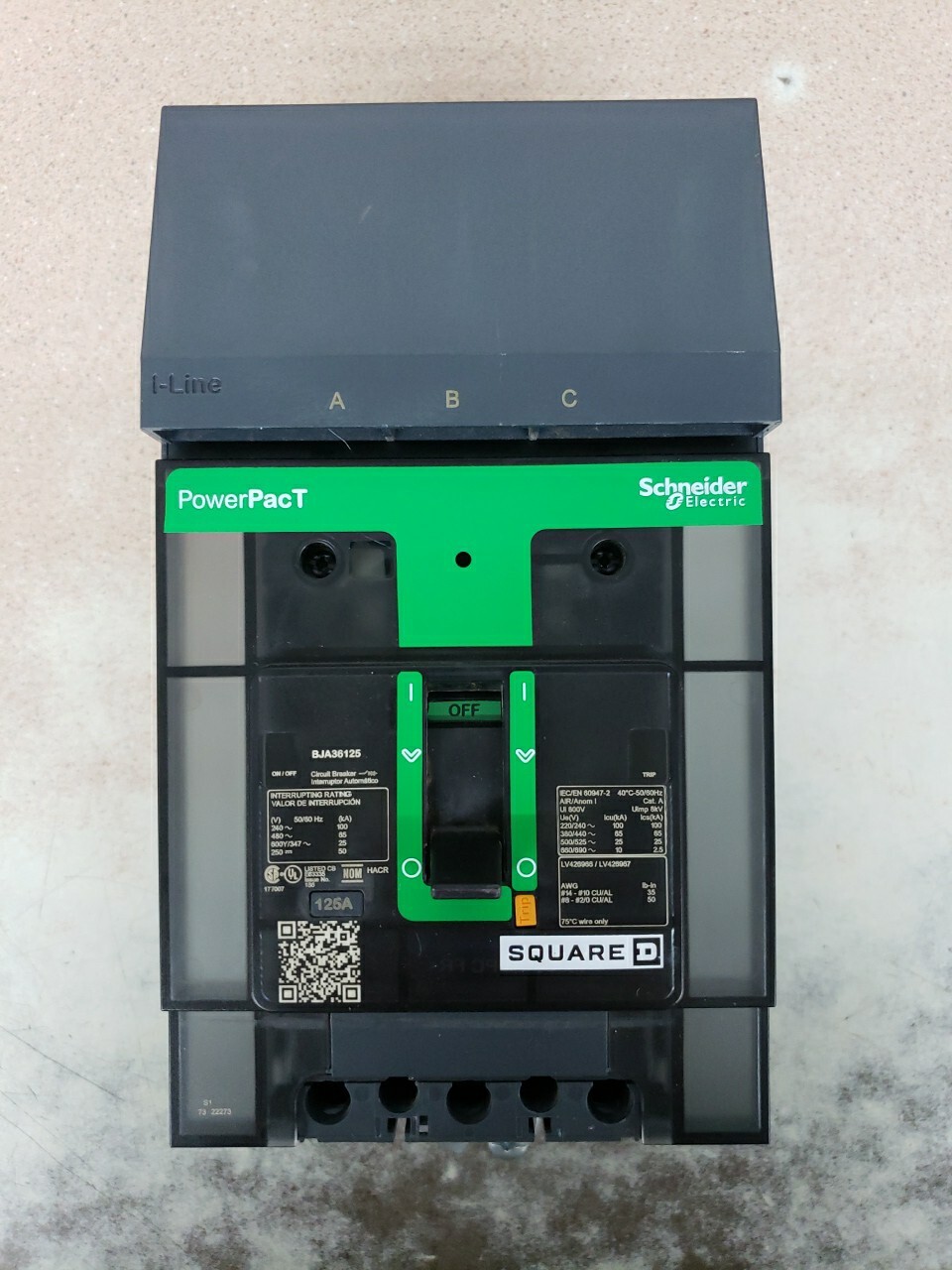 New take out Square D BJA36125 3 Pole 125 Amp 600 Vac PowerPact I-Line Breaker
