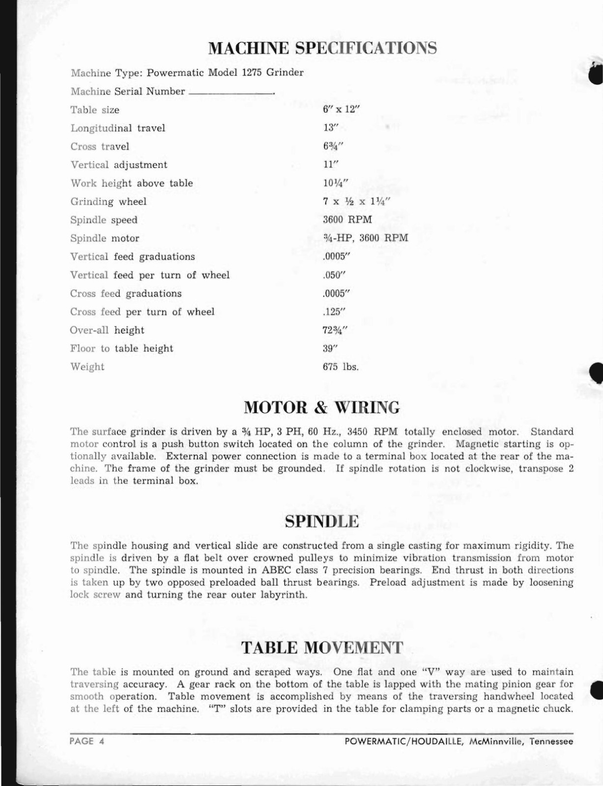 Operator Inst & Part List Manual Powermatic Model 1275 Surface Grinder 1969 PM64