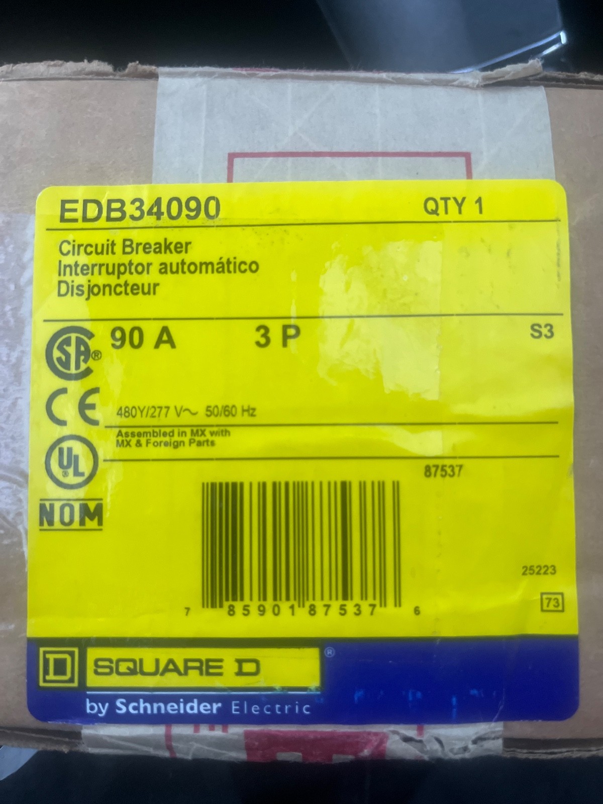 Square D EDB34090 3 Pole Circuit Breaker New In Box