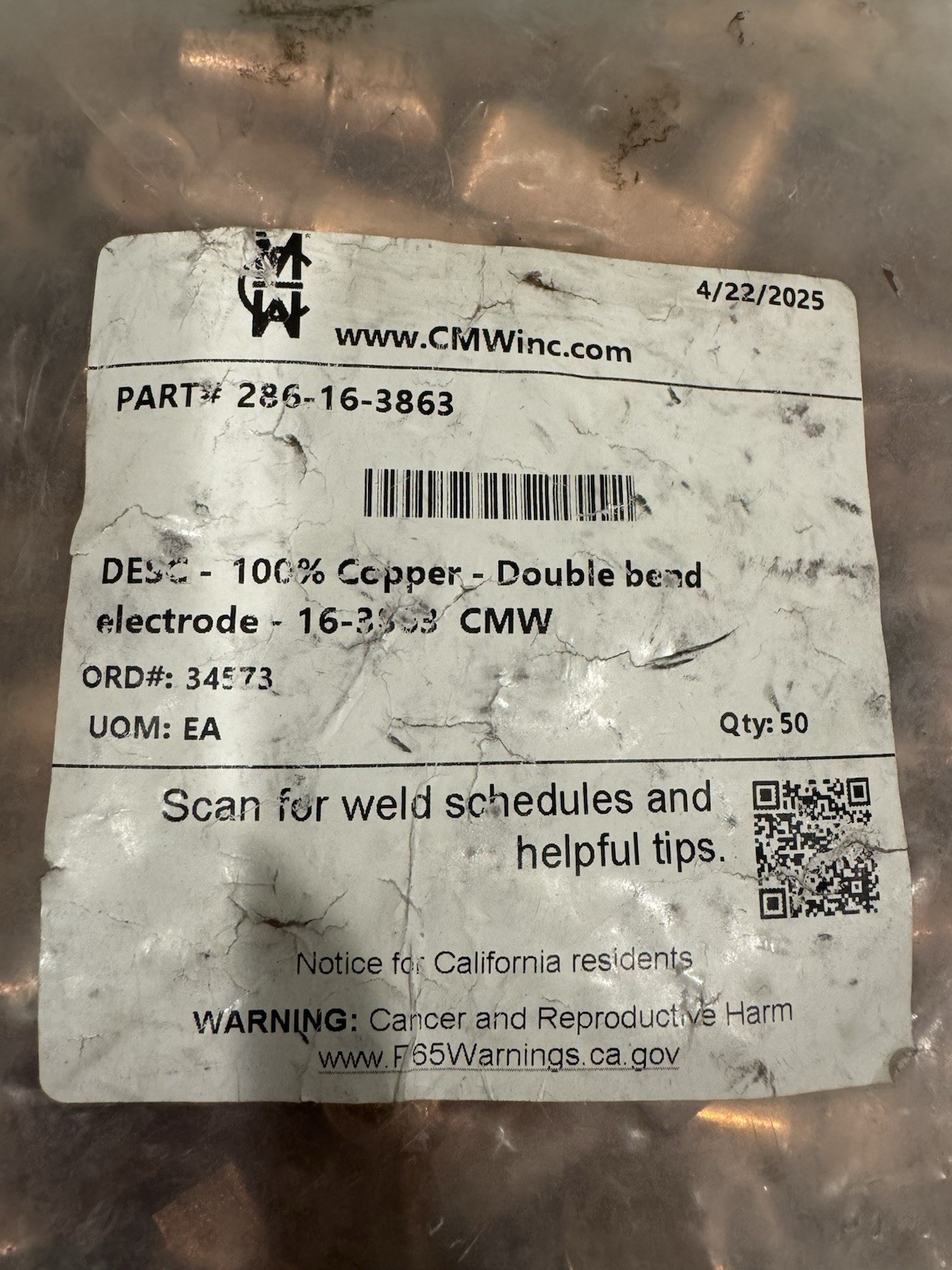16-3863 Crank Tip Electrode 100% Copper Double Bend 286-16-3863 NEW! SHIPS FREE!