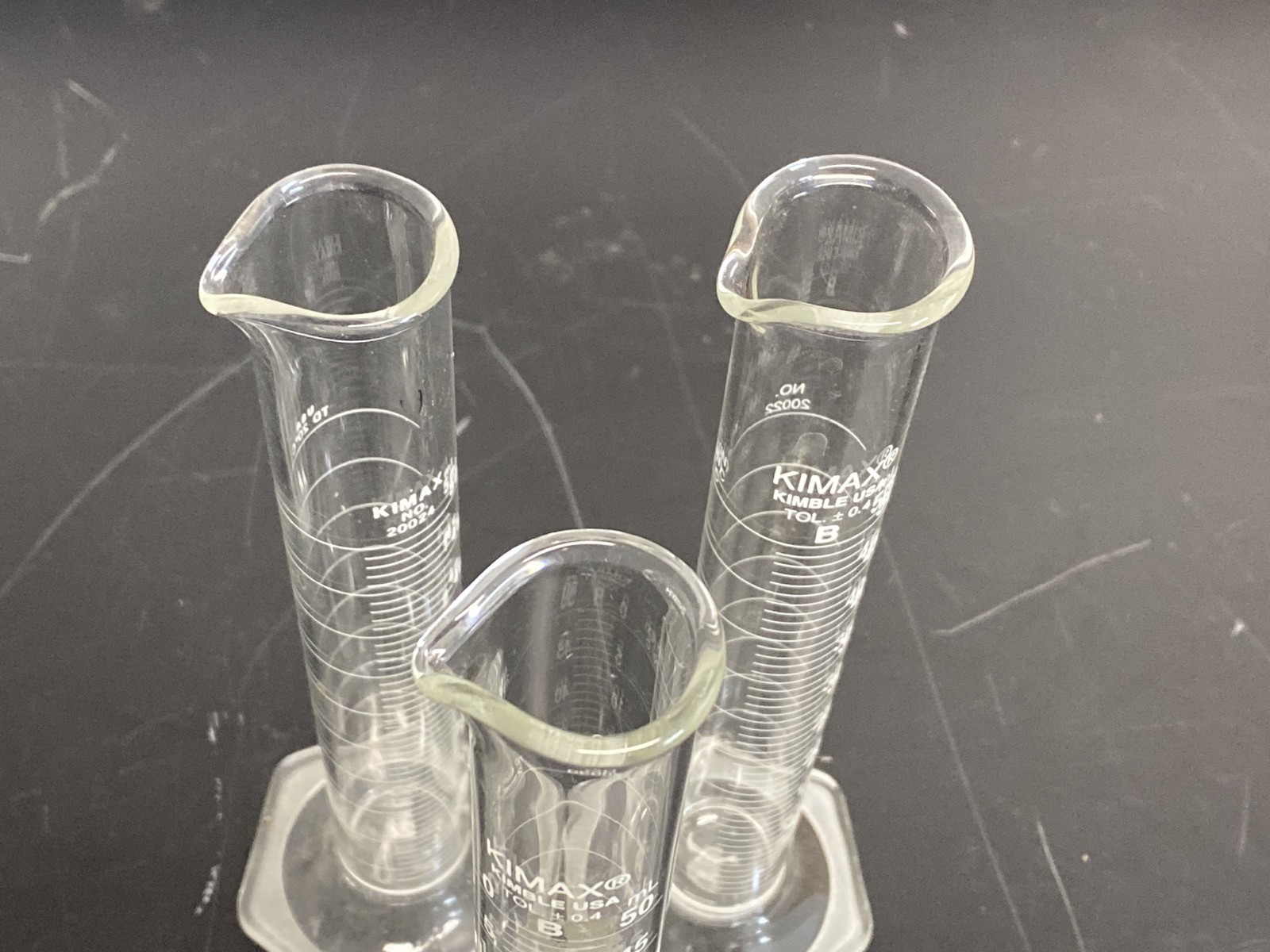 (6) Used KIMAX Glass Class B 50mL TD Single Scale Graduated Cylinder 20024-50