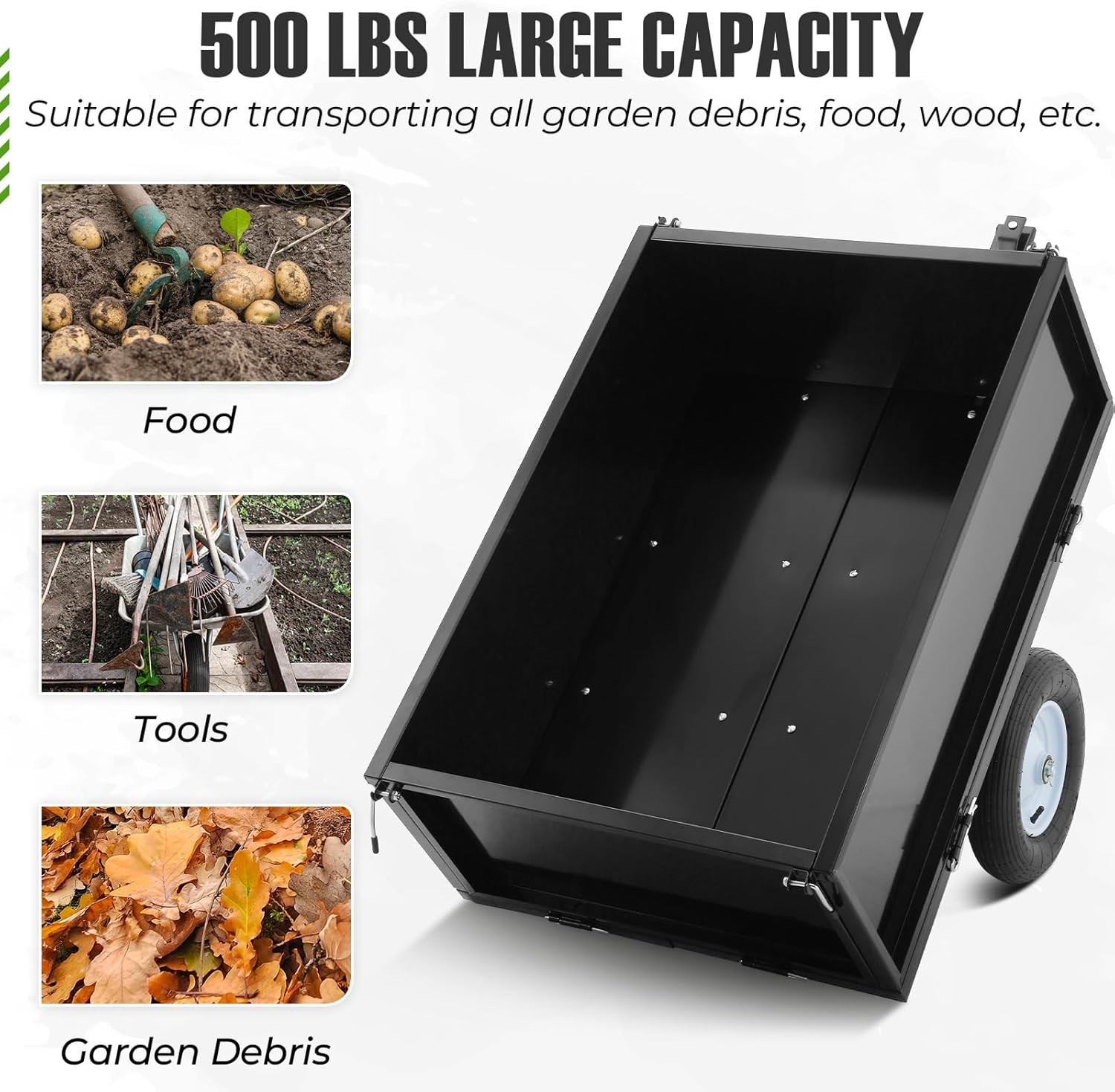 500LBS Heavy Duty Tow Behind ATV Trailer Dump Cart Pull Behind Yard Wagon Cart