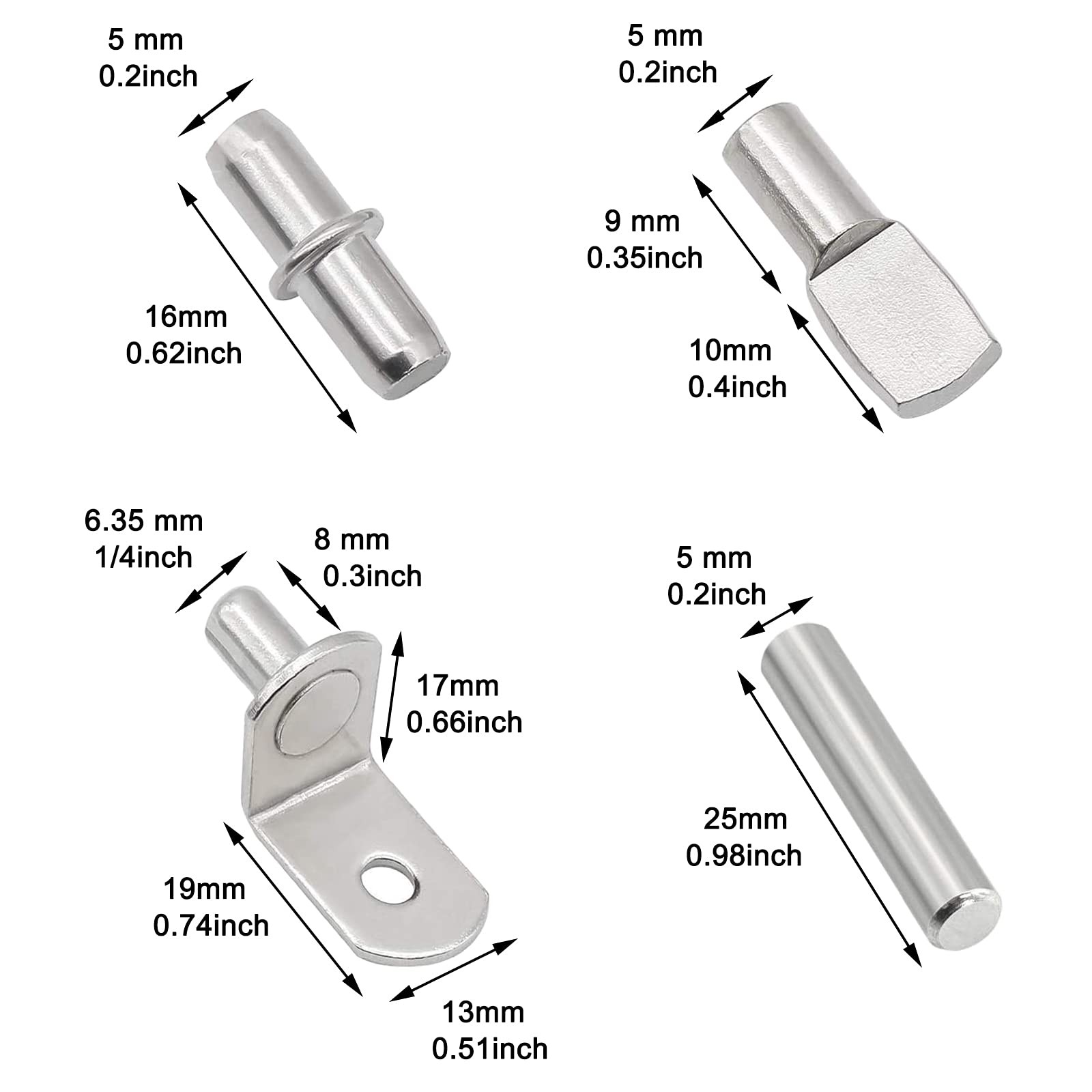 104Pcs Shelf Pins Kit,4 5mm to 6.35mm (1/4 inch) x 7.5mm 25mm, silver