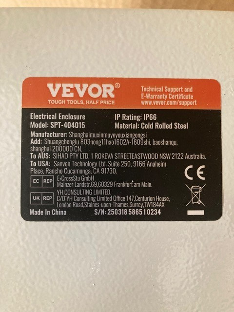 Vevor SPT-404015 Nema 4X Steel Enclosure Electrical Box 16″ X 16″ X6″ IP66 Rated