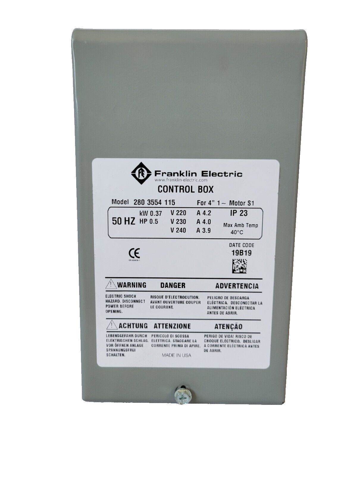 Franklin Electric 0.5 HP 50 Hz 220V Control Box 2803554115