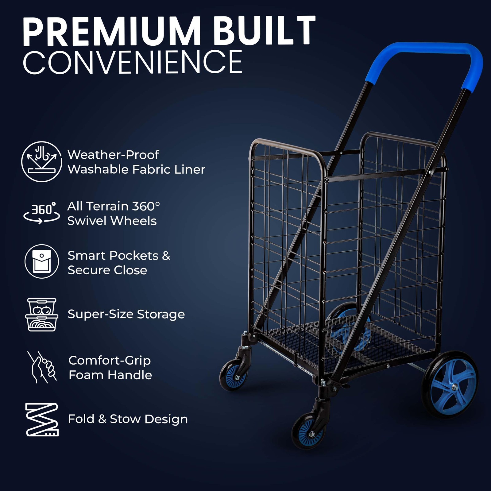 Serenelife Large Folding Utility Shopping Cart Removable Duty 360 Swivel Wheels