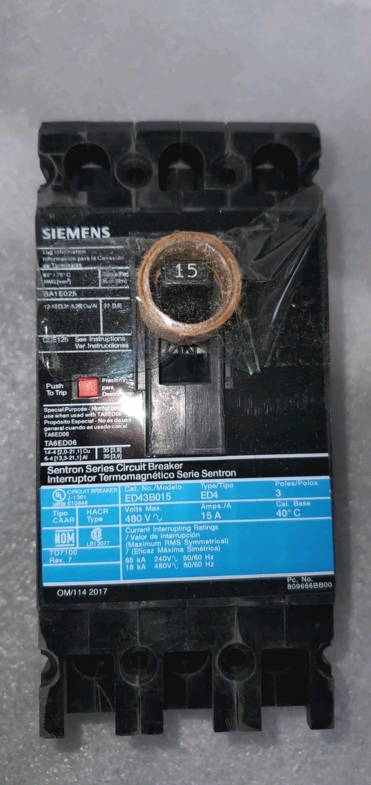 Siemens SENTRON 600V~ Max. 15A 3-Pole Circuit Breaker ED43B015 NEW-OLD STOCK
