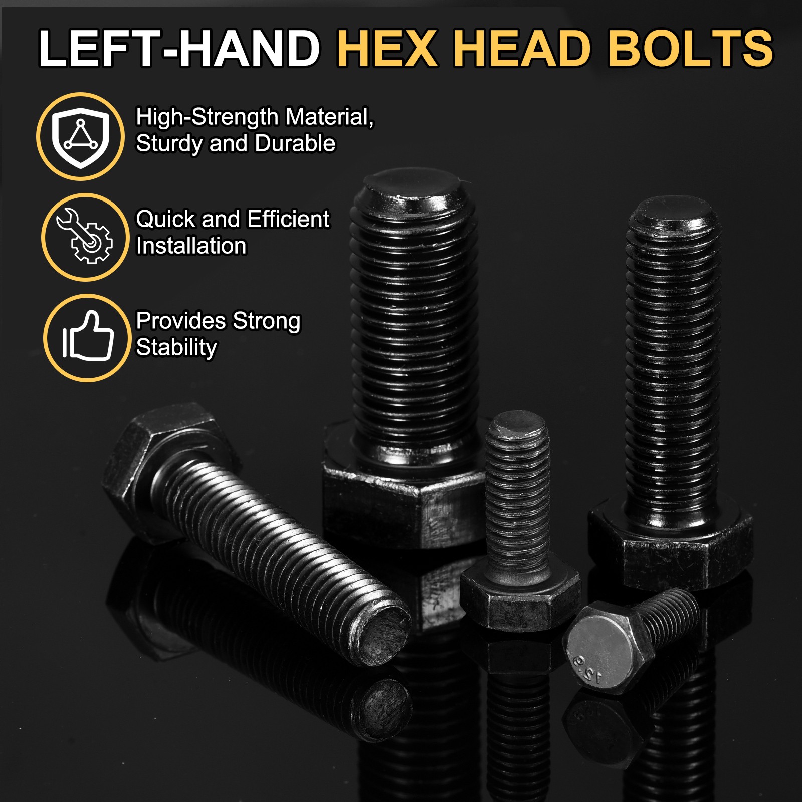 2Pcs M10-1.5 x 45mm Left Hand Hex Head Bolt Black Oxide Carbon Steel Reverse