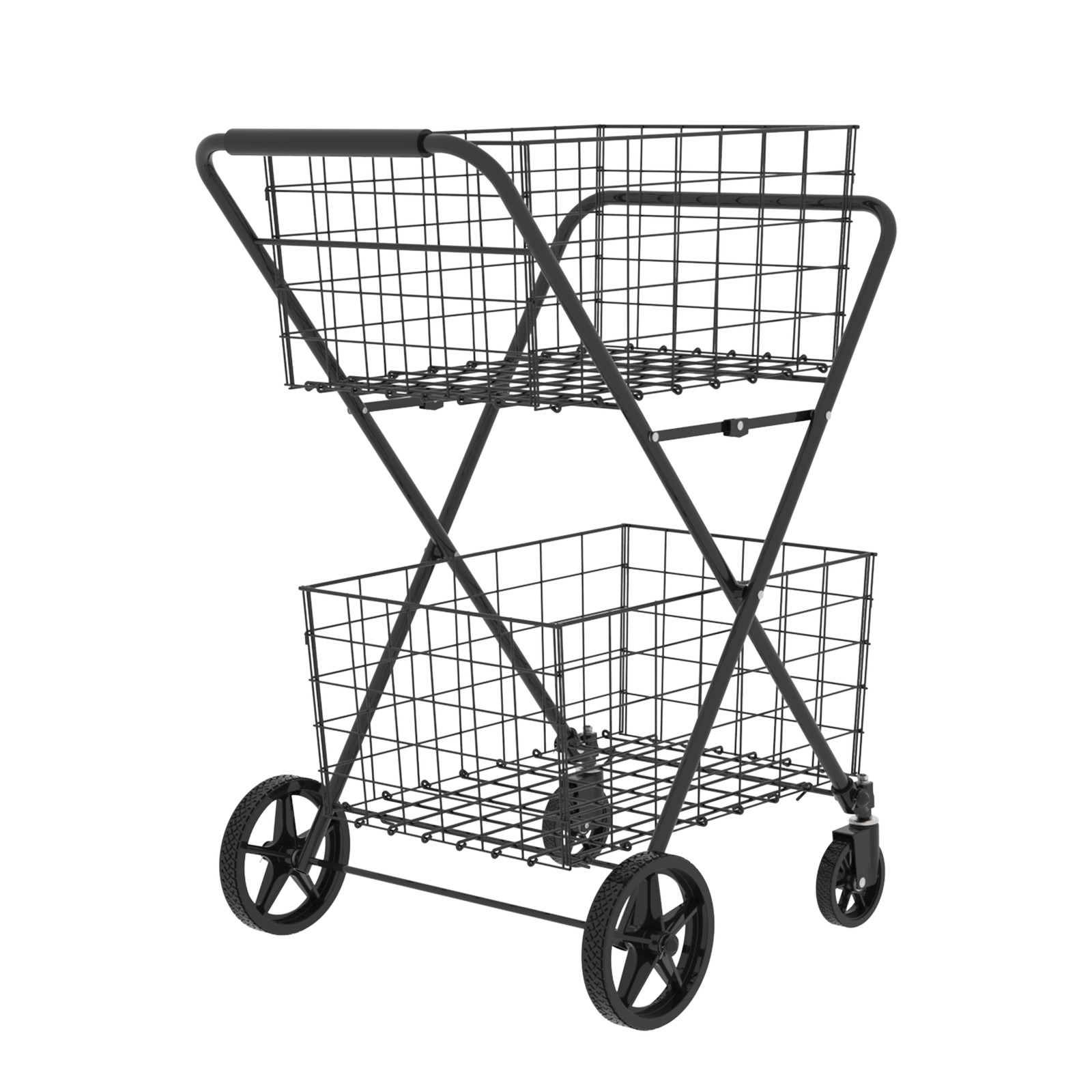 Foldable Utility Shopping Cart W/ 2 Baskets Utility Cart for Laundry Shopping