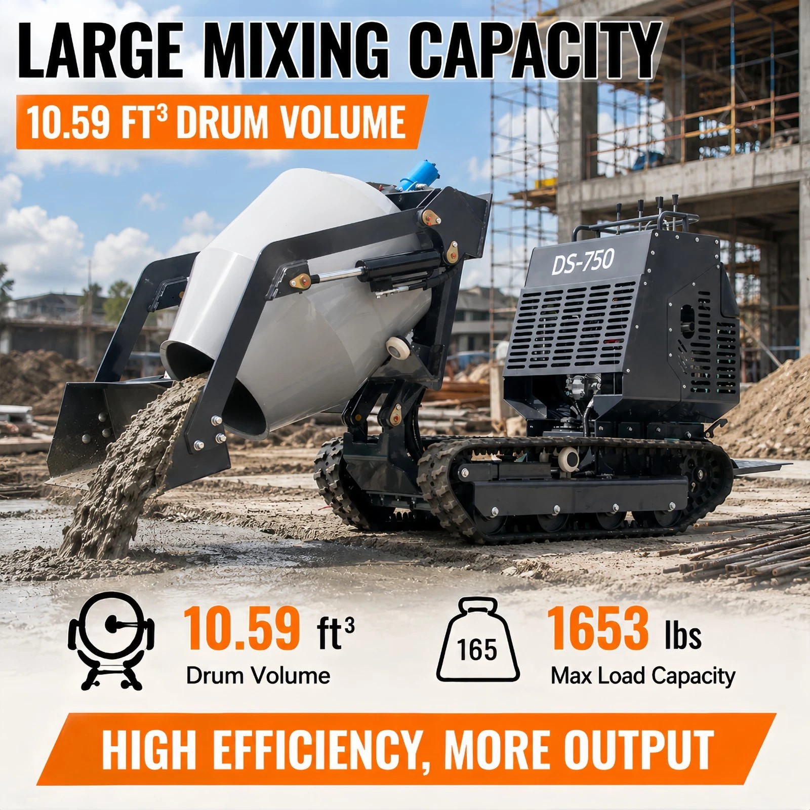 Driven Crawler Type Drum Concrete Mixer Dumper Self Loading Concrete 13.5HP