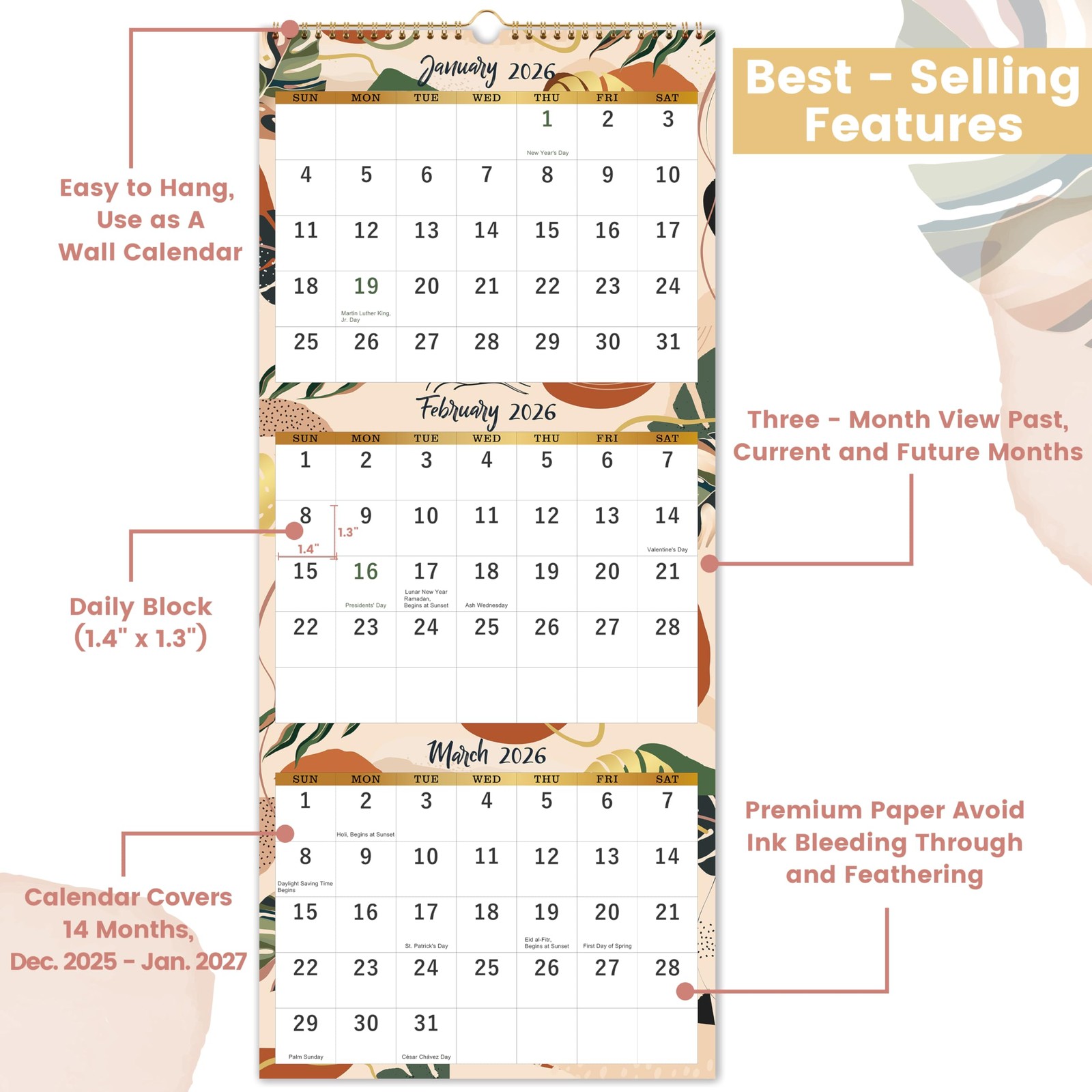 2026 Wall Calendar – 3 Month 2026, Jan.2026 – Dec.2026, 11″ 11″x26″