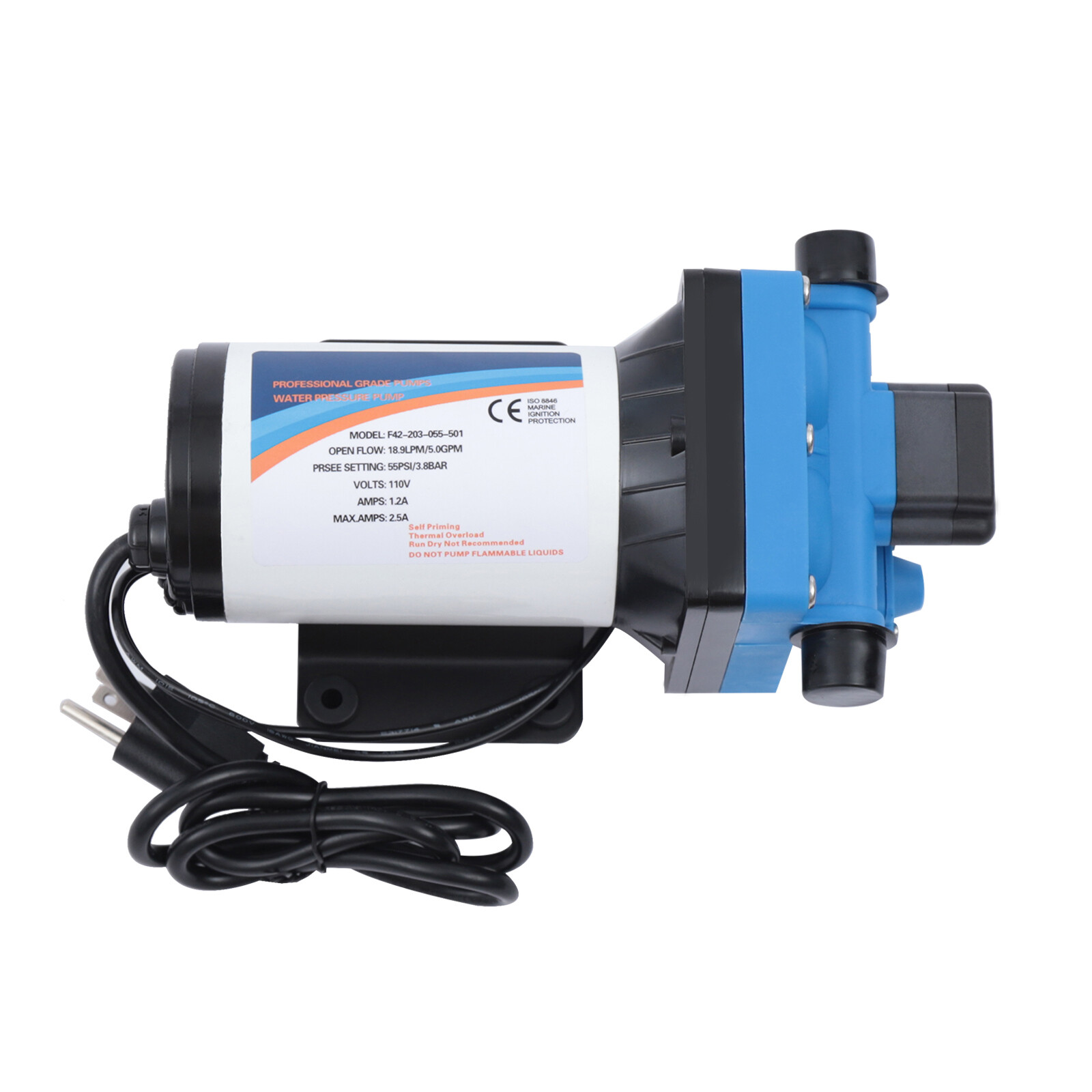 110V Self Priming Water Pressure Diaphragm Pump 55 PSI for Home/Caravan/Marine