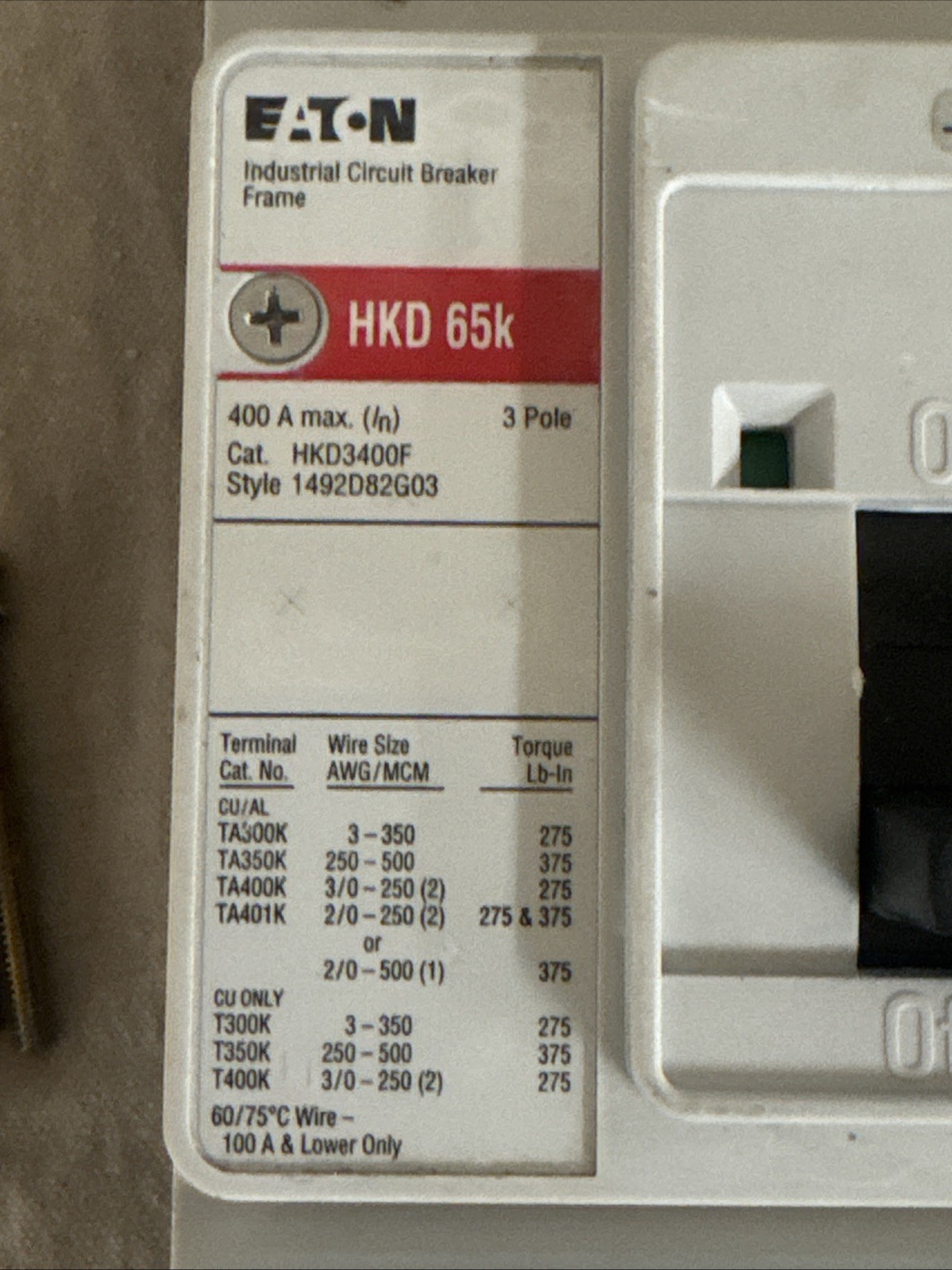 Eaton HKD3400F 400amp 600v 3phase Circuit Breaker