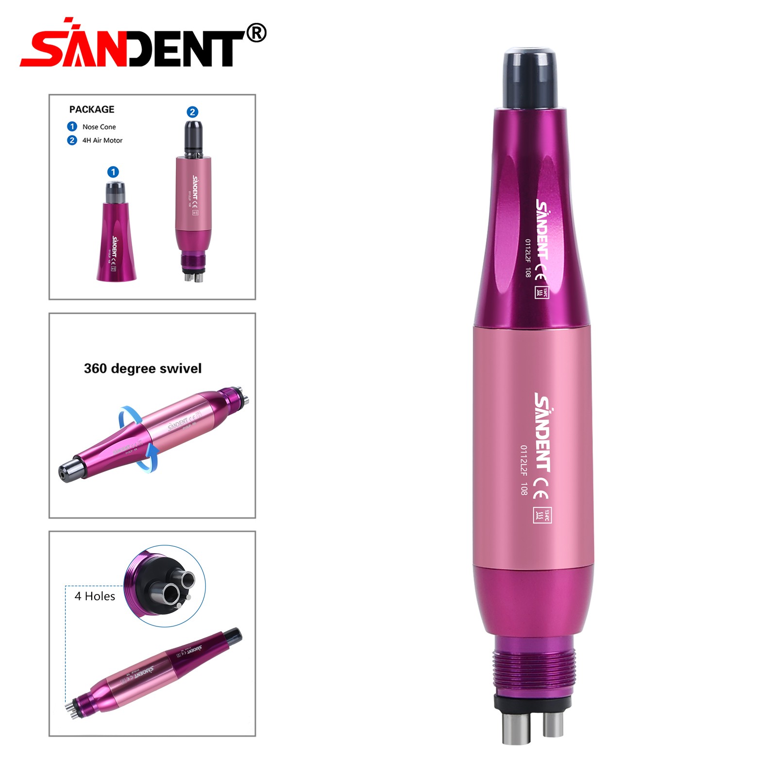 1-10 Dental Hygiene Prophy Handpiece Air Motor 4Holes 4:1 Nose Cone 360°Swivel
