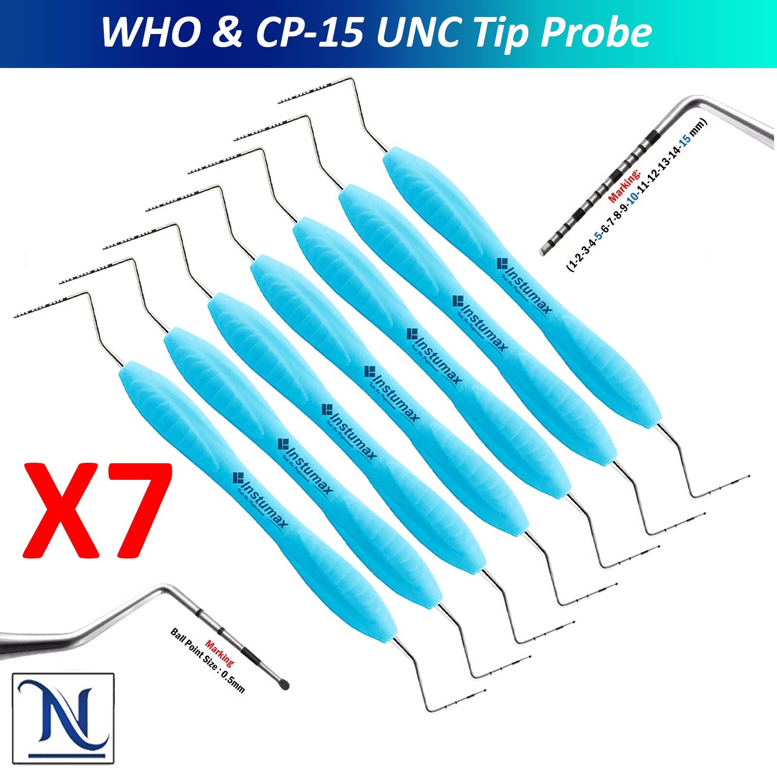 WHO Ball End Dental Probe CP-15 UNC for Periodontal Measurement Probes 7Pcs Set