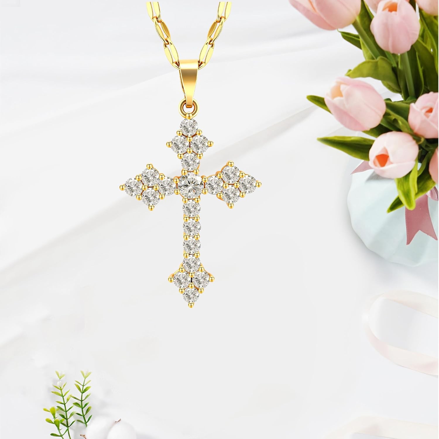Dainty Cross Necklace Women’s 18K Gold Plated CZ Pendant Christian Faith Jewelry