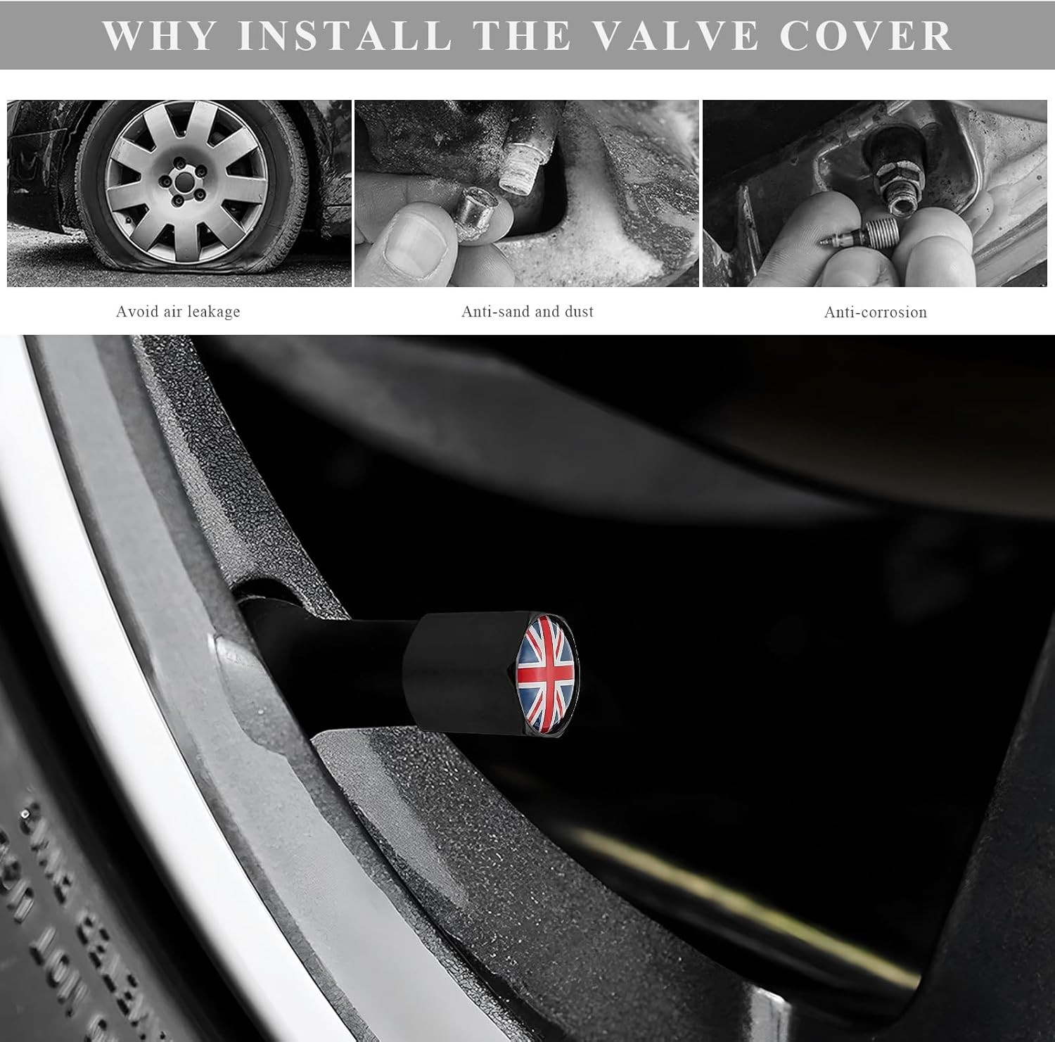4 PCS Car Tire Valve Stem Caps, National Flag Zinc Alloy Wheel Va Color: Black