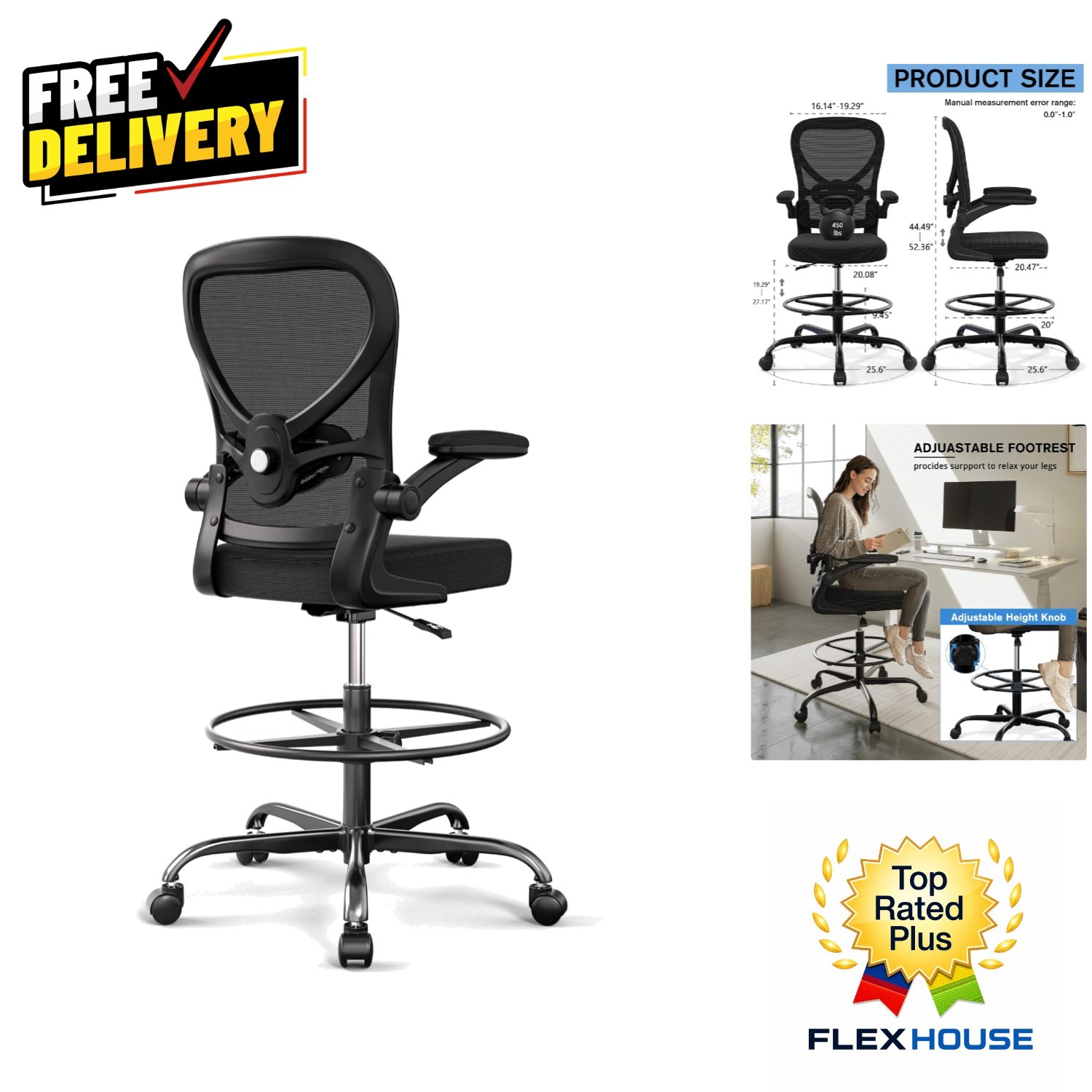 Heavy-Duty Ergonomic Chair with Footrest for Standing Desks – Max 450lb Capacity