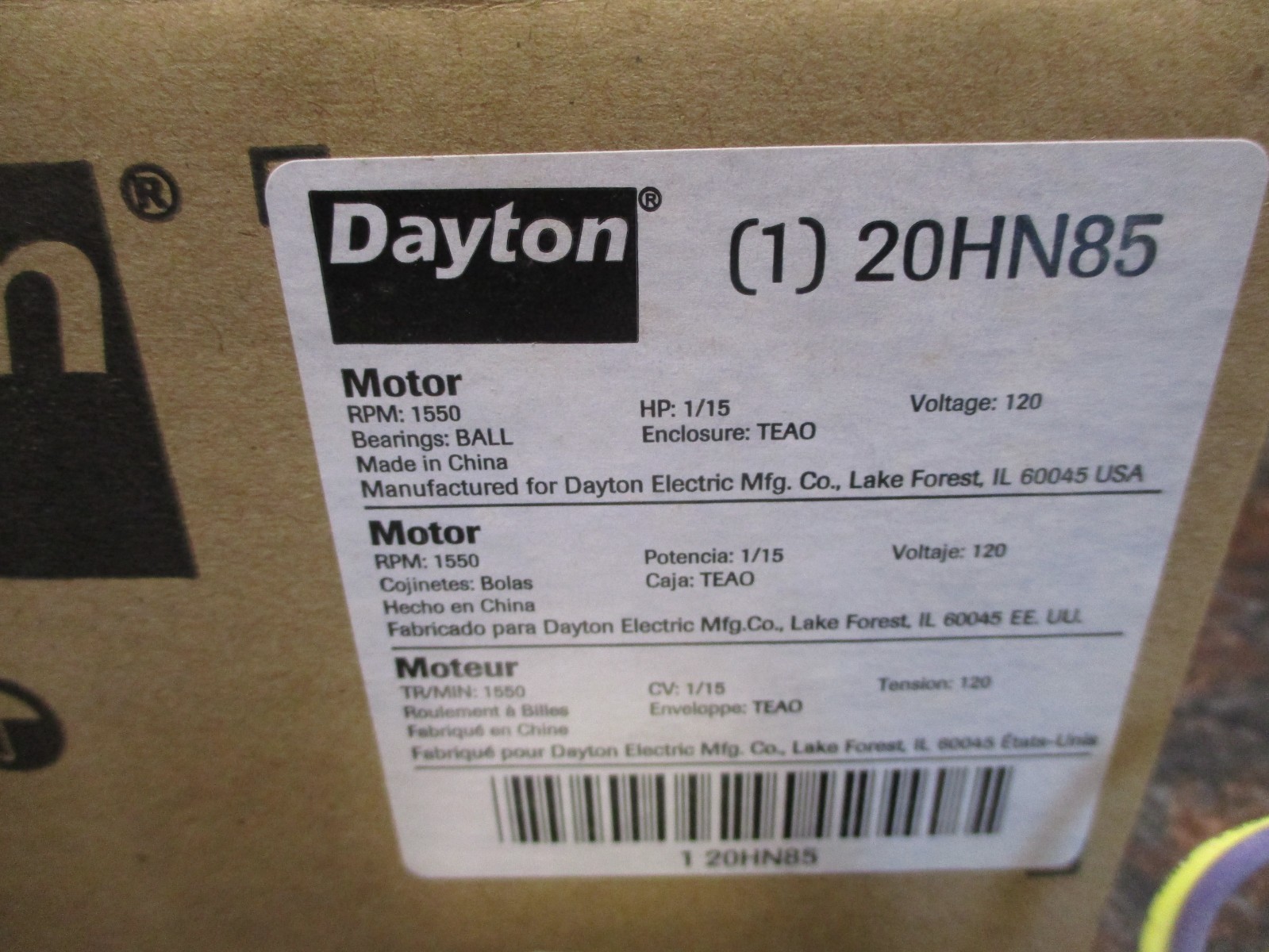 NEW Dayton 20HN85 HVAC Motor 1550RPM 1/15HP 120V 60HZ 1PH FREE SHIPPING
