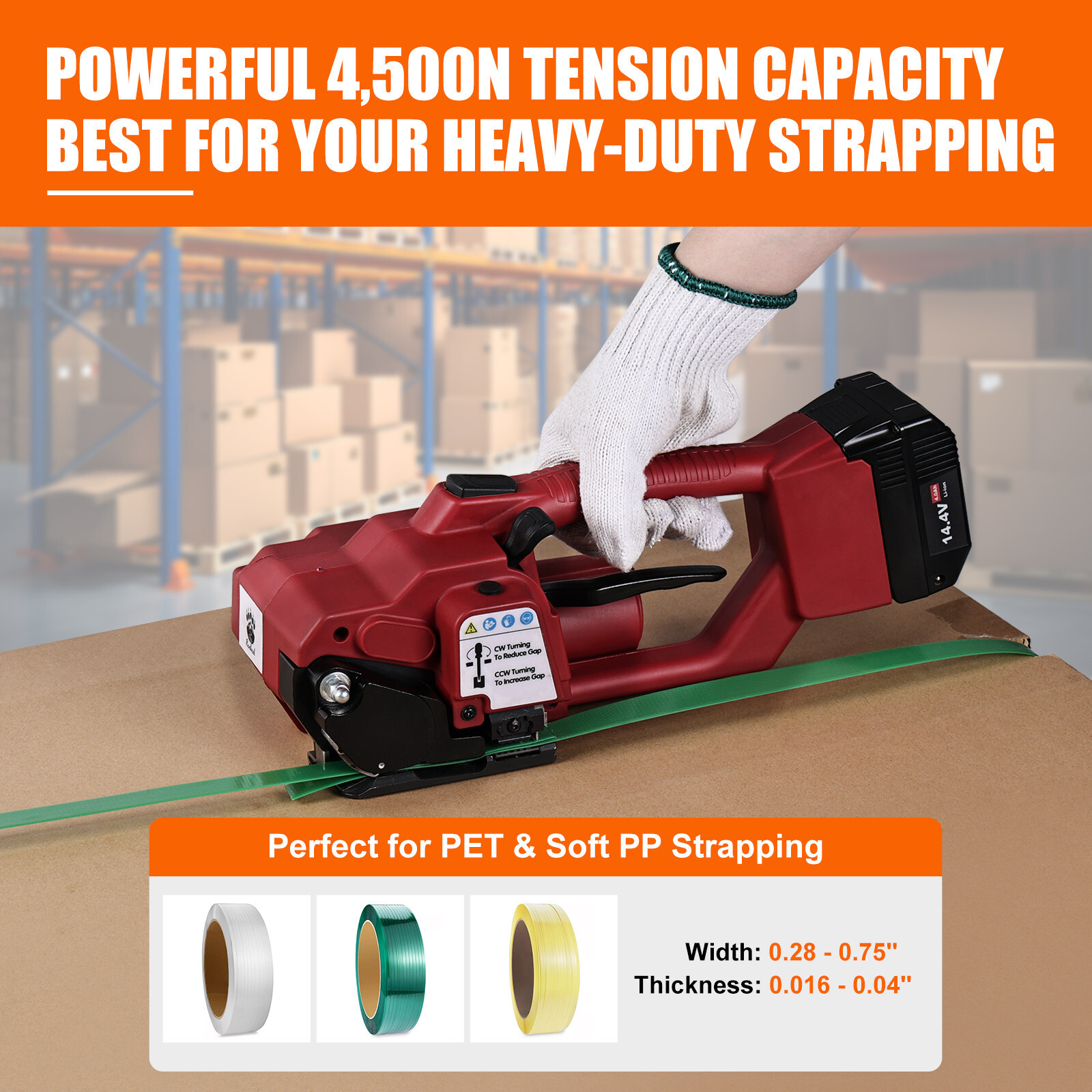 Electric Strapping Machine with 4500N Tension LCD 4000mAh for 1/2–5/8″ PET/PP