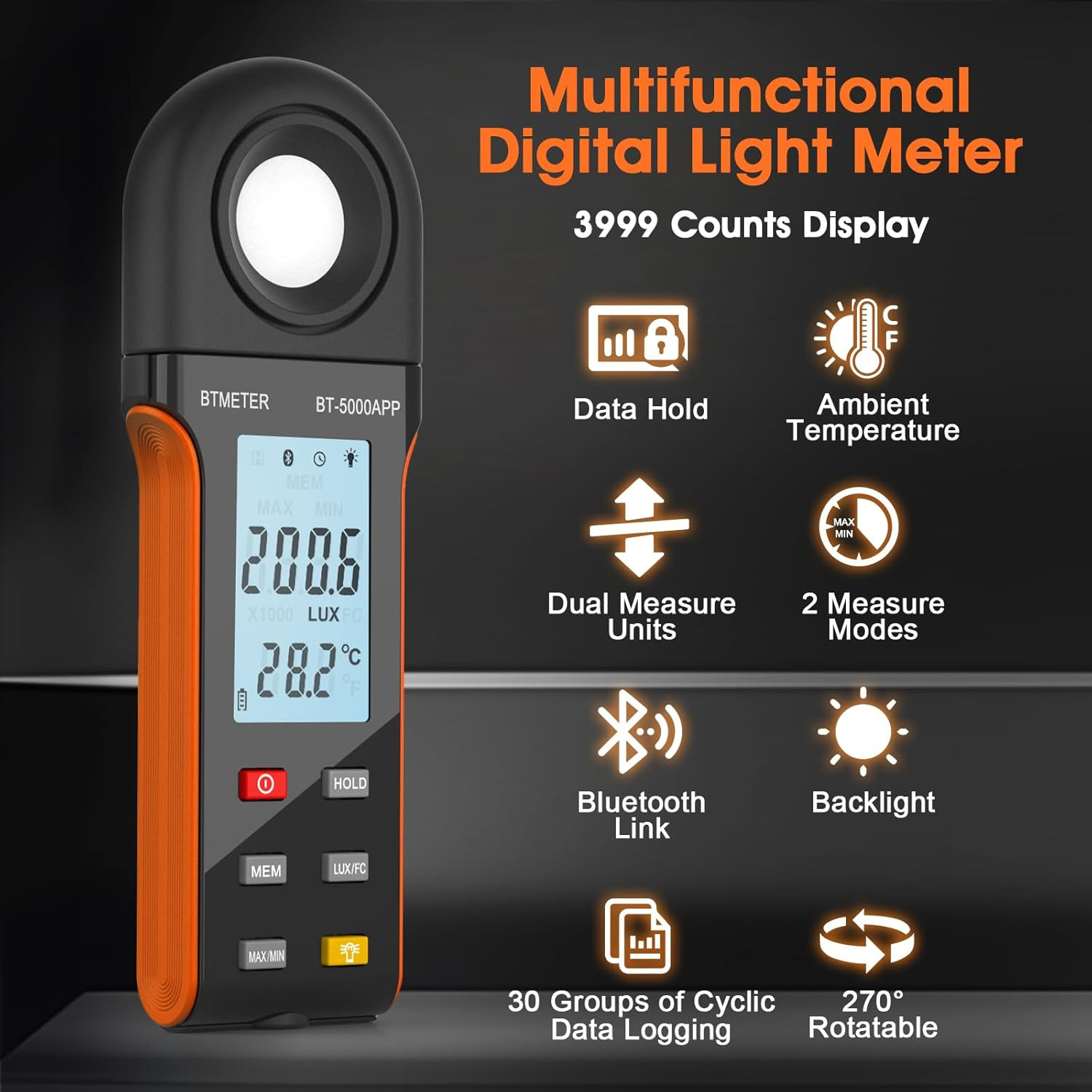 Illuminance Light Meter W/Bluetooth – Digital Lumen Tester Measure Lighting Leve