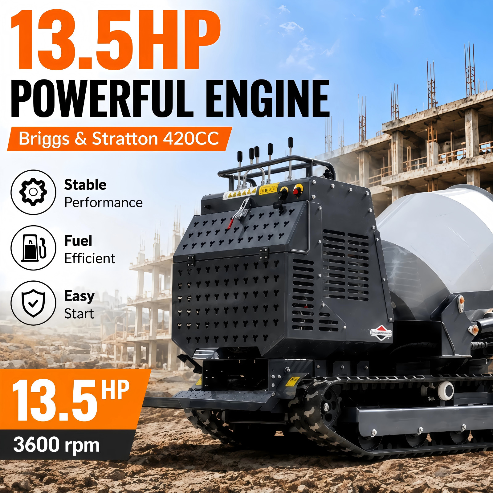 Driven Crawler Type Drum Concrete Mixer Dumper Self Loading Concrete 13.5HP