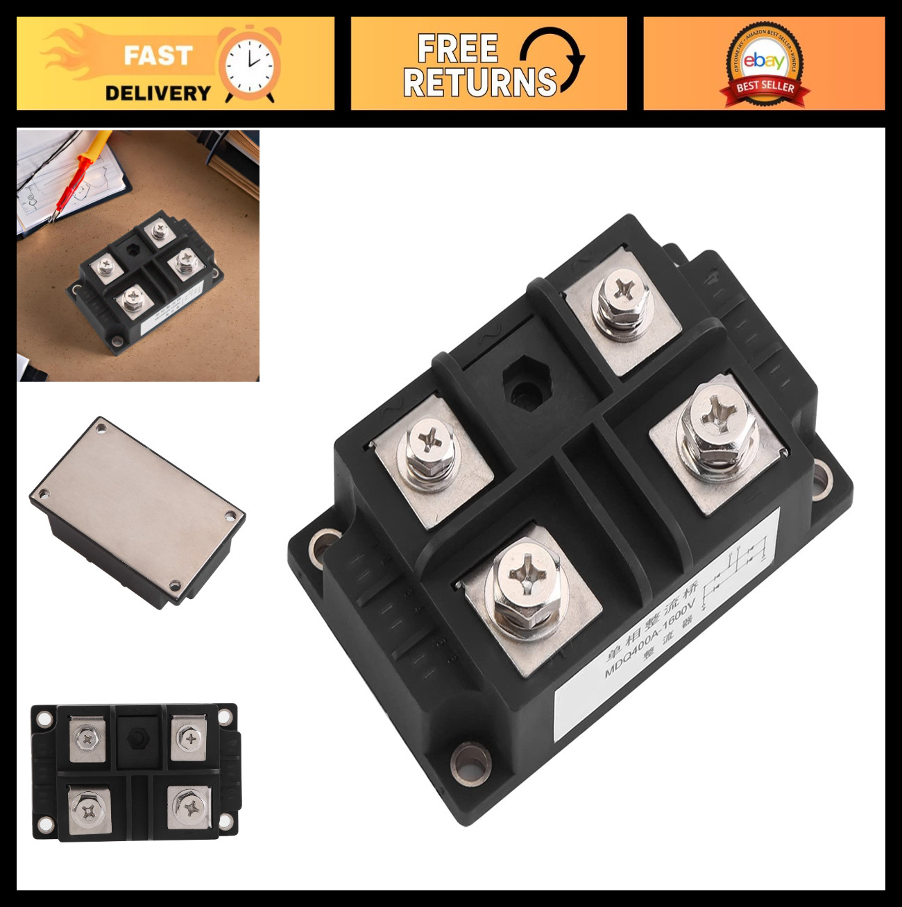 High Power 400A 1600V Single Phase Diode Bridge Rectifier Module 4 Terminals