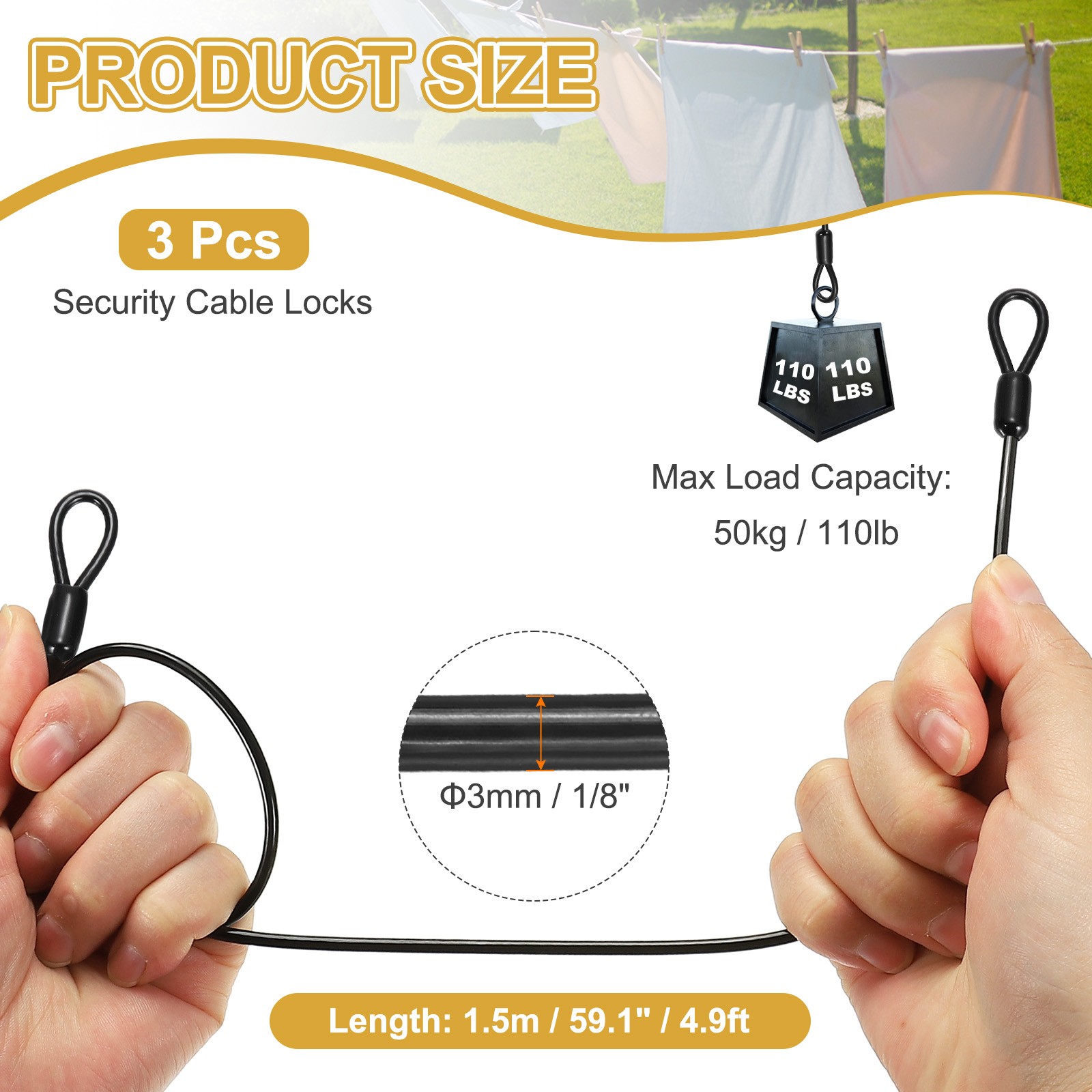 3pcs 1/8″ Dia 4.9ft Security Cable Lock Vinyl Coated Steel with Loops Black