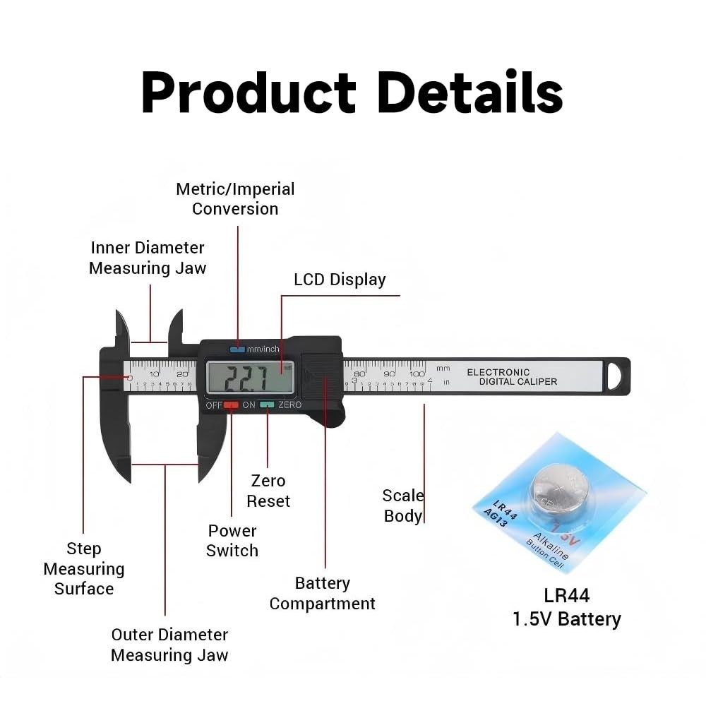 Electronic Digital Display Caliper, 0‑100mm/ 4in Lightweight Carbon Fiber Com…