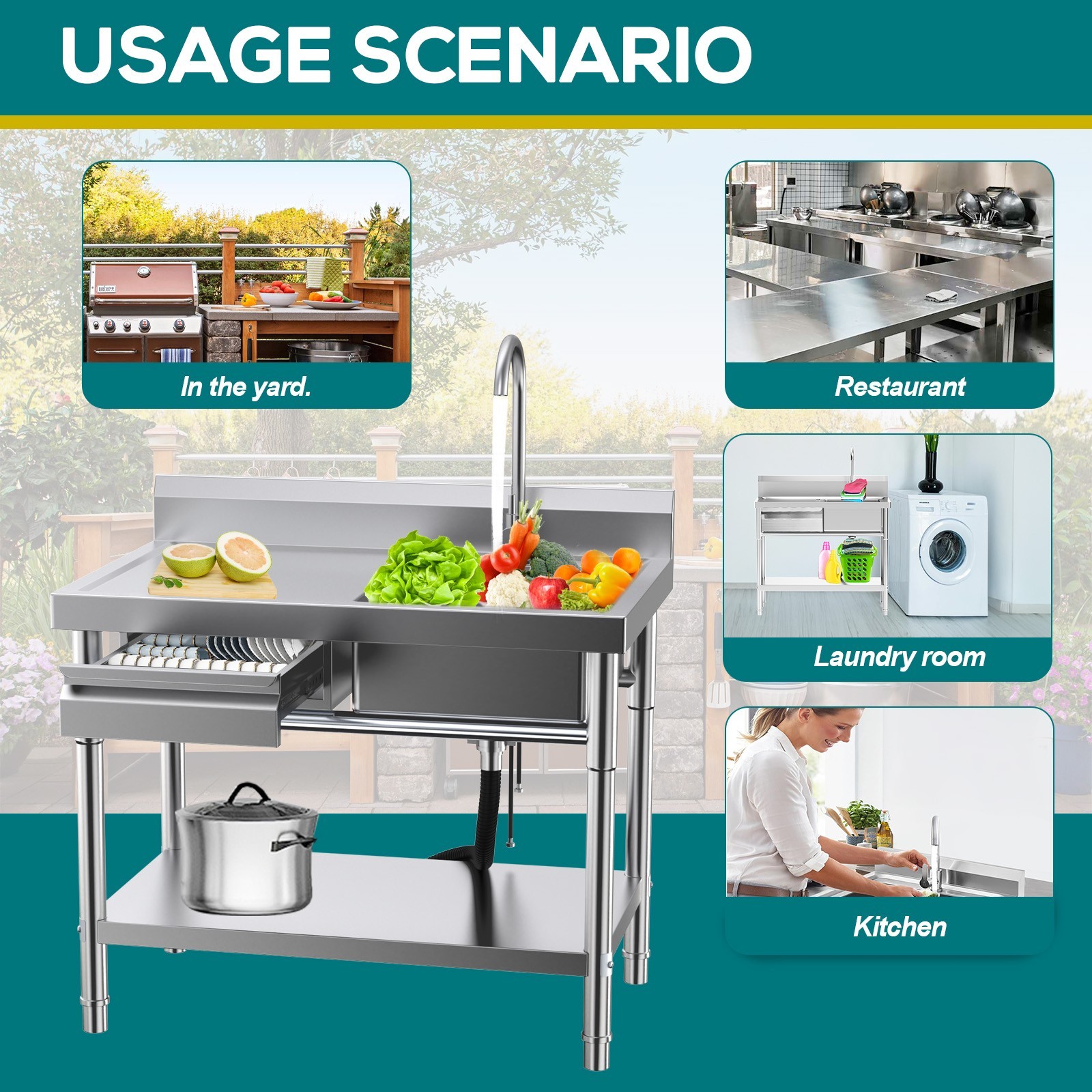 All-In-One Stainless Steel Freestanding Sink with Drawers for Laundry Room Use.