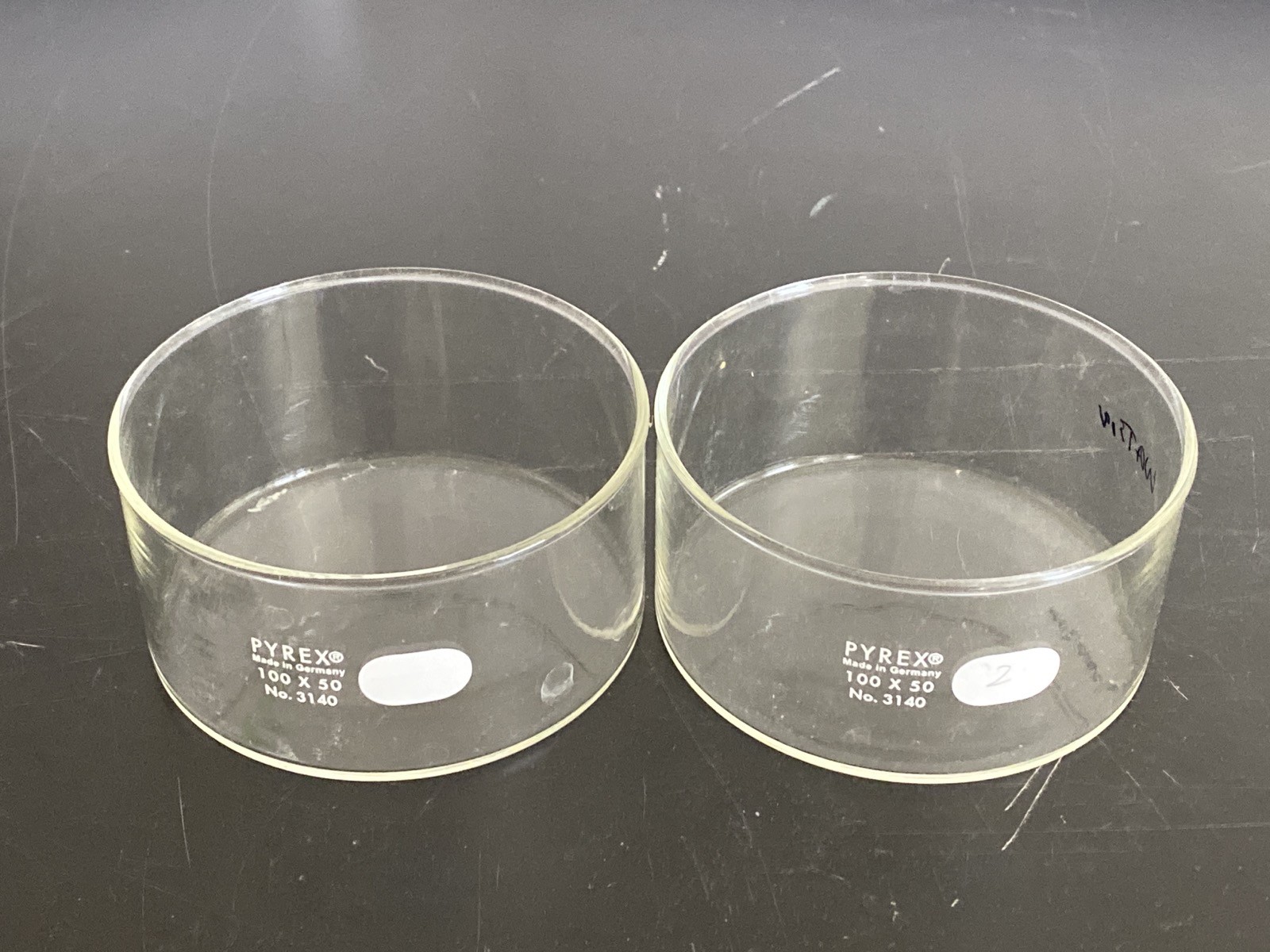 Used (2) CORNING PYREX Glass 100x50mm 340mL Crystallizing Dishes 3140-100