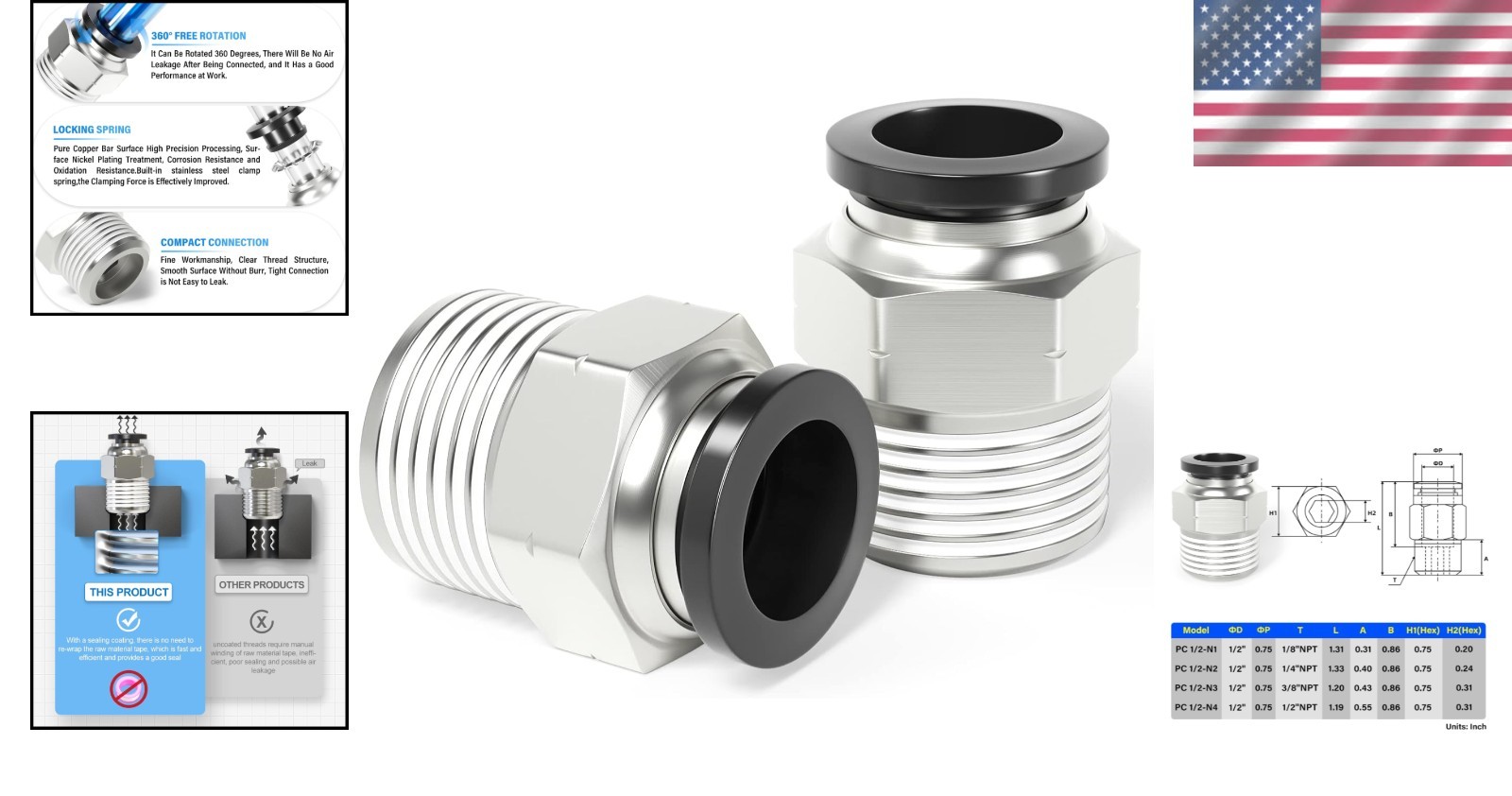 Copper & Plastic Push Fittings – 1/2 Inch OD x NPT Thread – Convenient 2-Pack