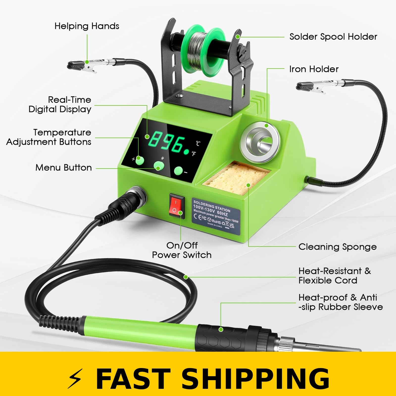 Crtsweker 100W Digital Soldering Station with Helping Hands – Green