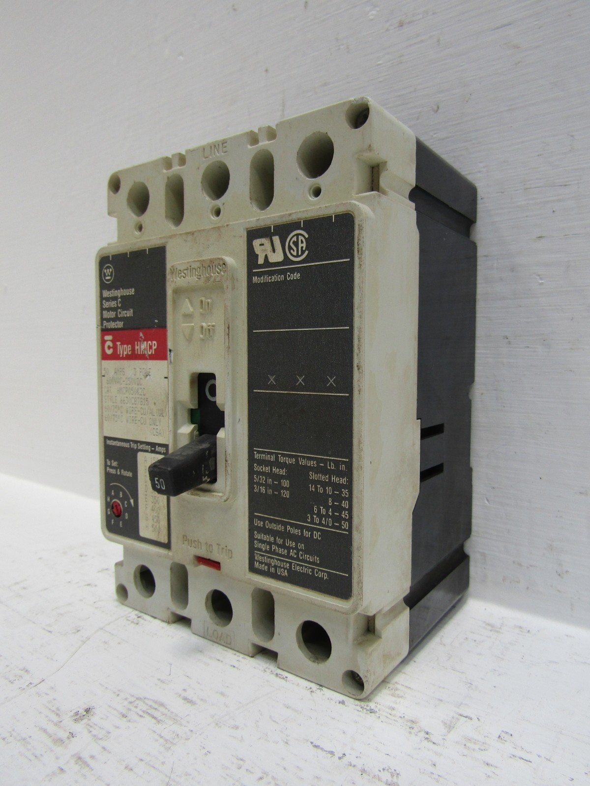 Westinghouse HMCP050K2C 50 Amp 600V 3-Pole Circuit Breaker 50A HMCP Series C