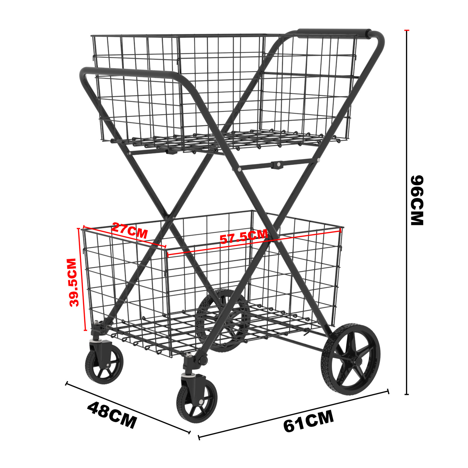 Foldable Utility Shopping Cart W/ 2 Baskets Utility Cart for Laundry Shopping
