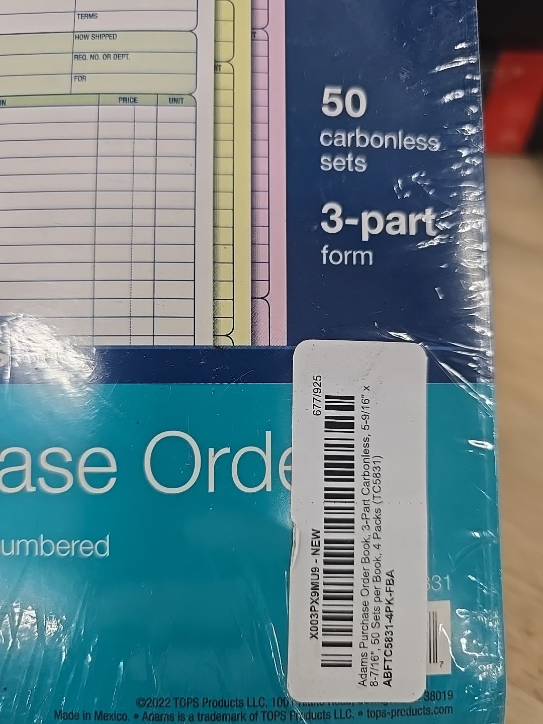 Adams TC5831 Purchase Order Book, 3-Part, Carbonless, 50 Sets Per Book : 4 Books