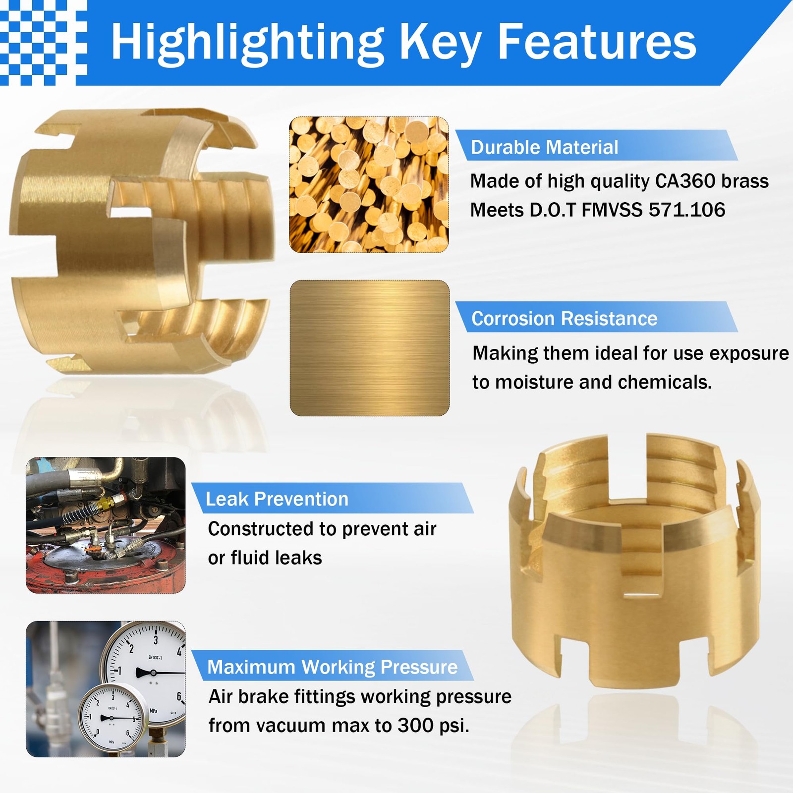 10PCS 3/8″ Brass DOT Air Brake Hose End Fitting Sleeve Tube