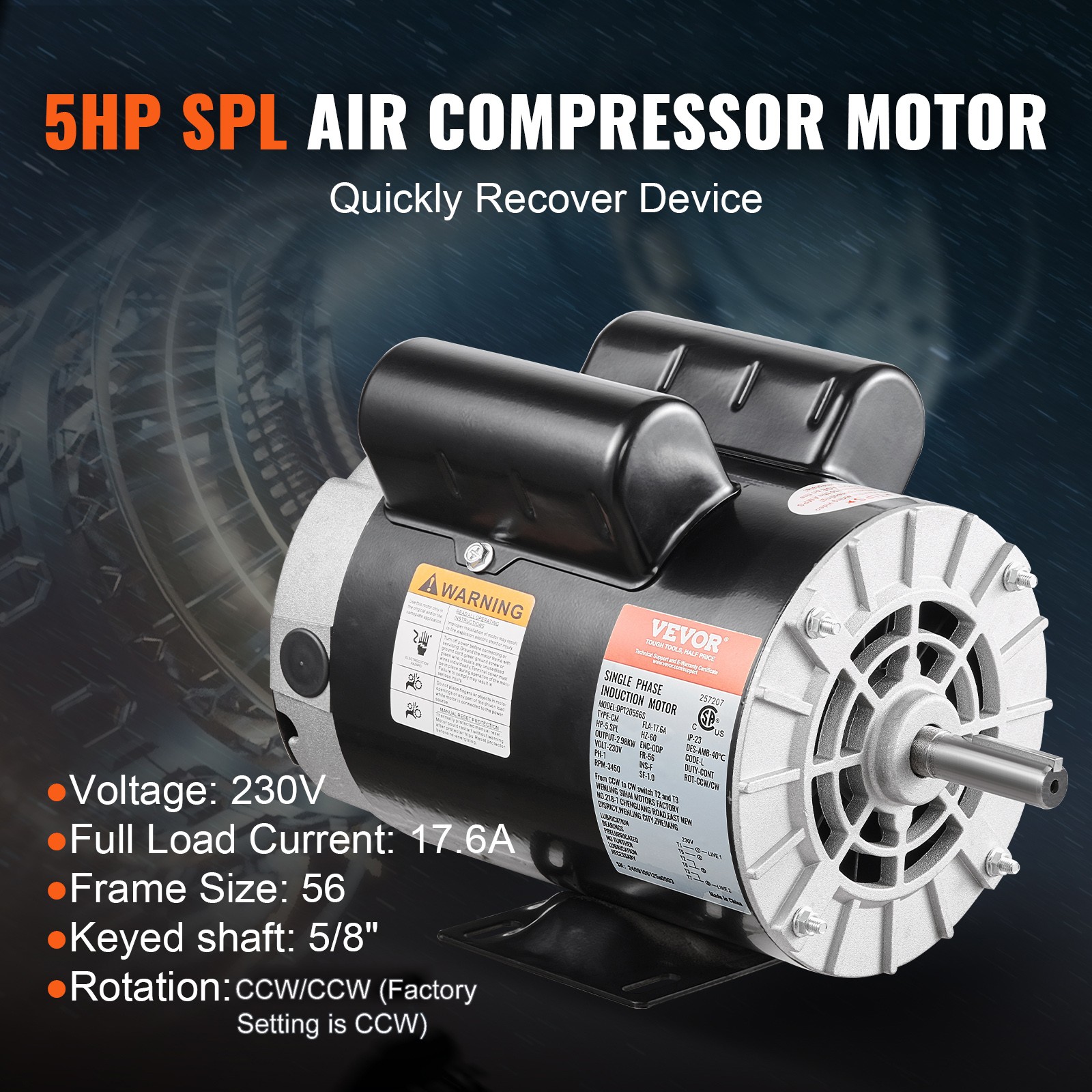 VEVOR 5HP SPL Air Compressor Motor 230V 3450RPM 56 Frame CW/CCW Rotation